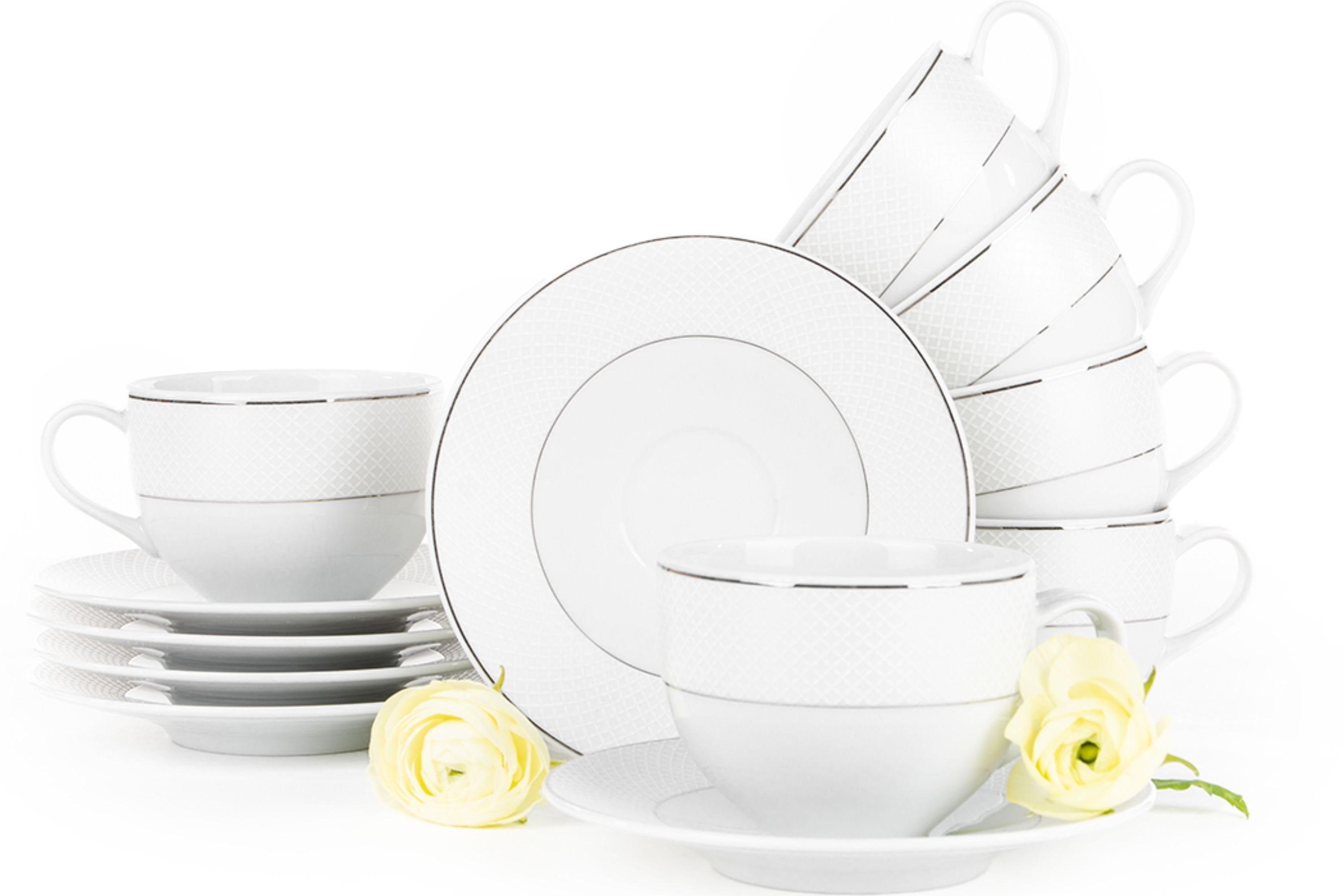 KONSIMO® Kaffeeservice AMELIA Tasse & Untertasse (12-tlg), 6 Personen, Porzellan, Klassisch-Stil