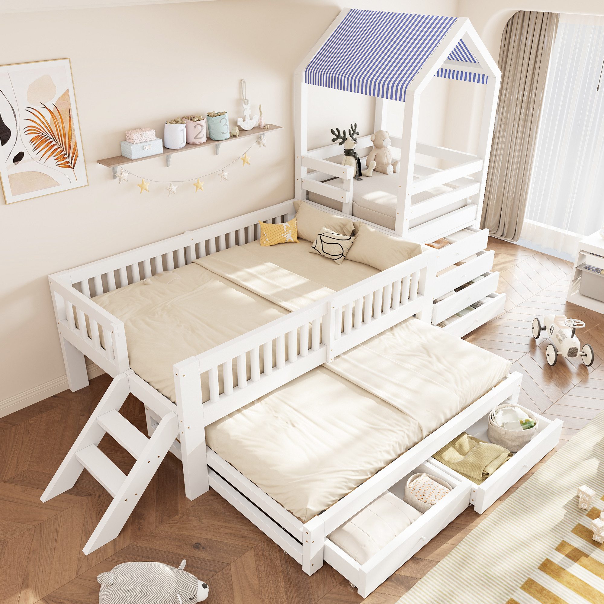 Flieks Kinderbett, Massivholzbett 90x200cm mit Ausziehbett 90x190cm, Schrank, Schubladen