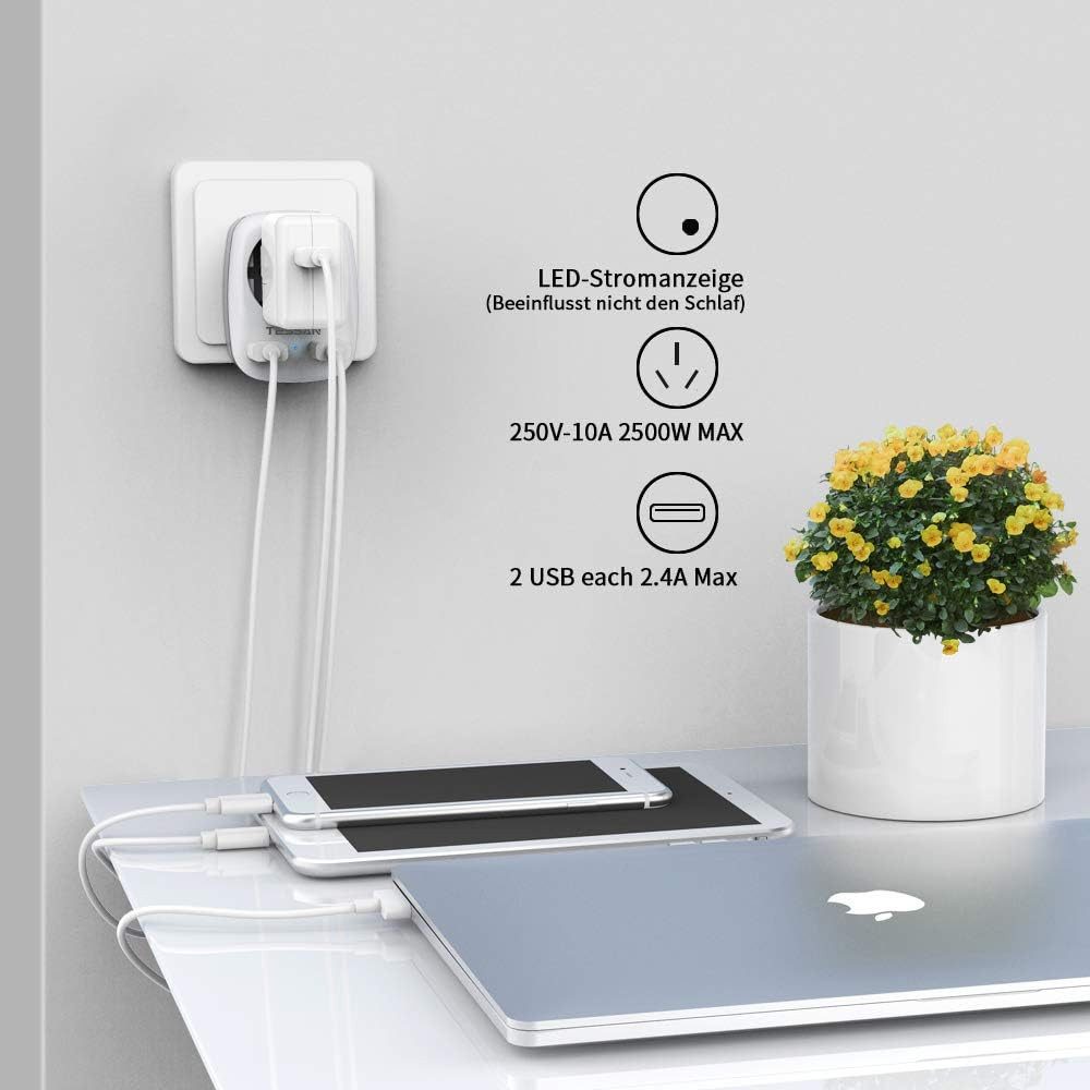 TESSAN Reiseadapter Schuko Stecker mit 2 USB Mehrfachsteckdose Adapterstecker Reiseadapter