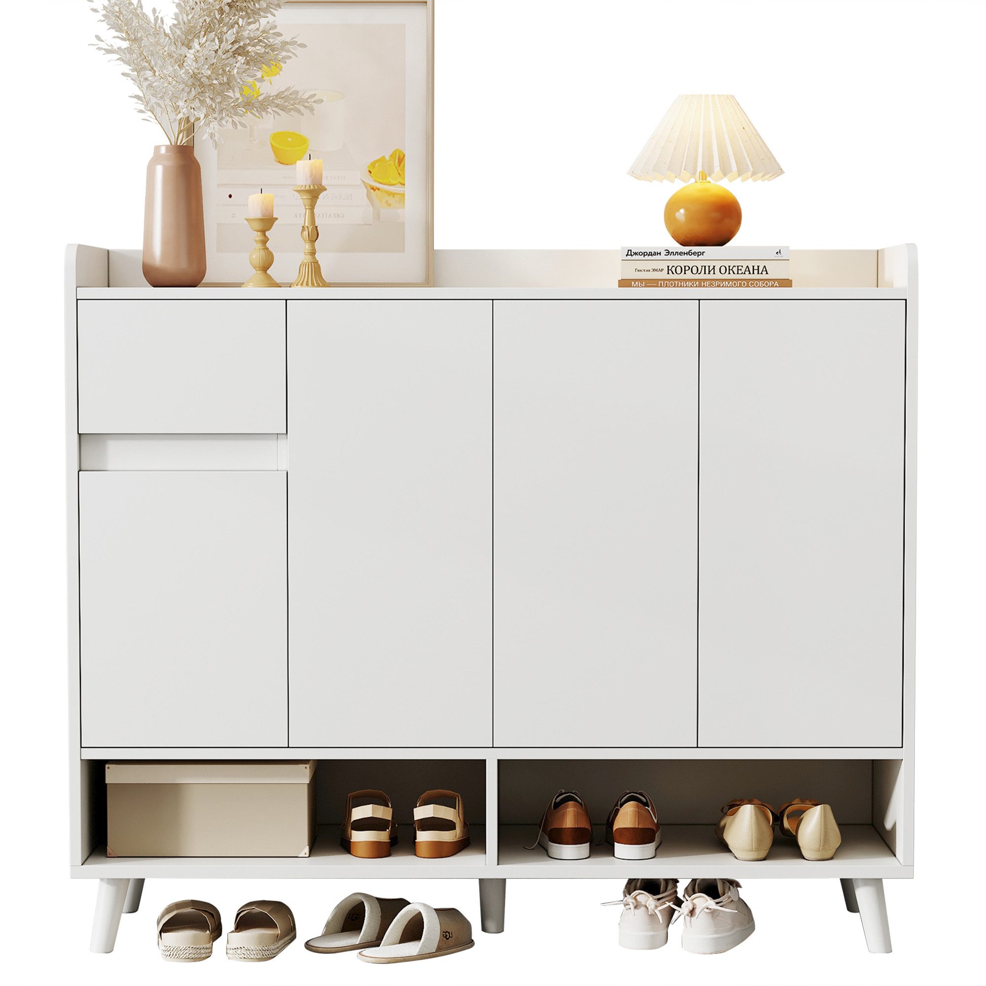 Ulife Sideboard Kommode Schuhschrank mit großem Stauraum, 4 Türen und 1 Schubladen, Maße: 120*99*35 cm – Bild 3 von 5
