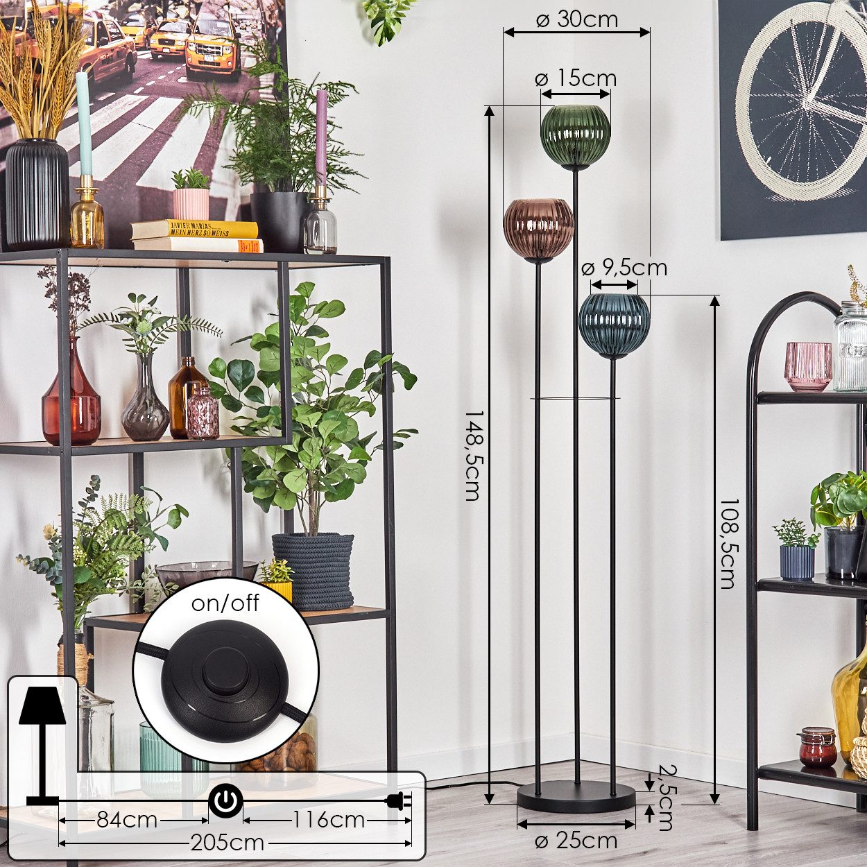 hofstein Stehlampe Stehlampe aus Metall/Riffelglas in Schwarz/Blau/Grün/Kupfer, ohne Leuchtmittel, Stehleuchte im Retro-Design m. Glasschirmen (15cm), Fußschalter, E14