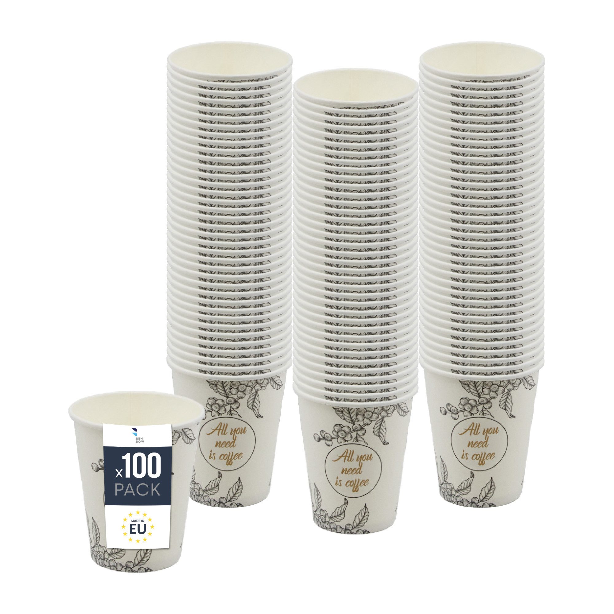 BENBOW Einwegbecher BenBow Kaffeebecher - 180 ml/250 ml/300 ml/400 ml - Einwegbecher, 100-tlg., Beschichteter Karton, BenBow Kaffeebecher 300 ml x 100