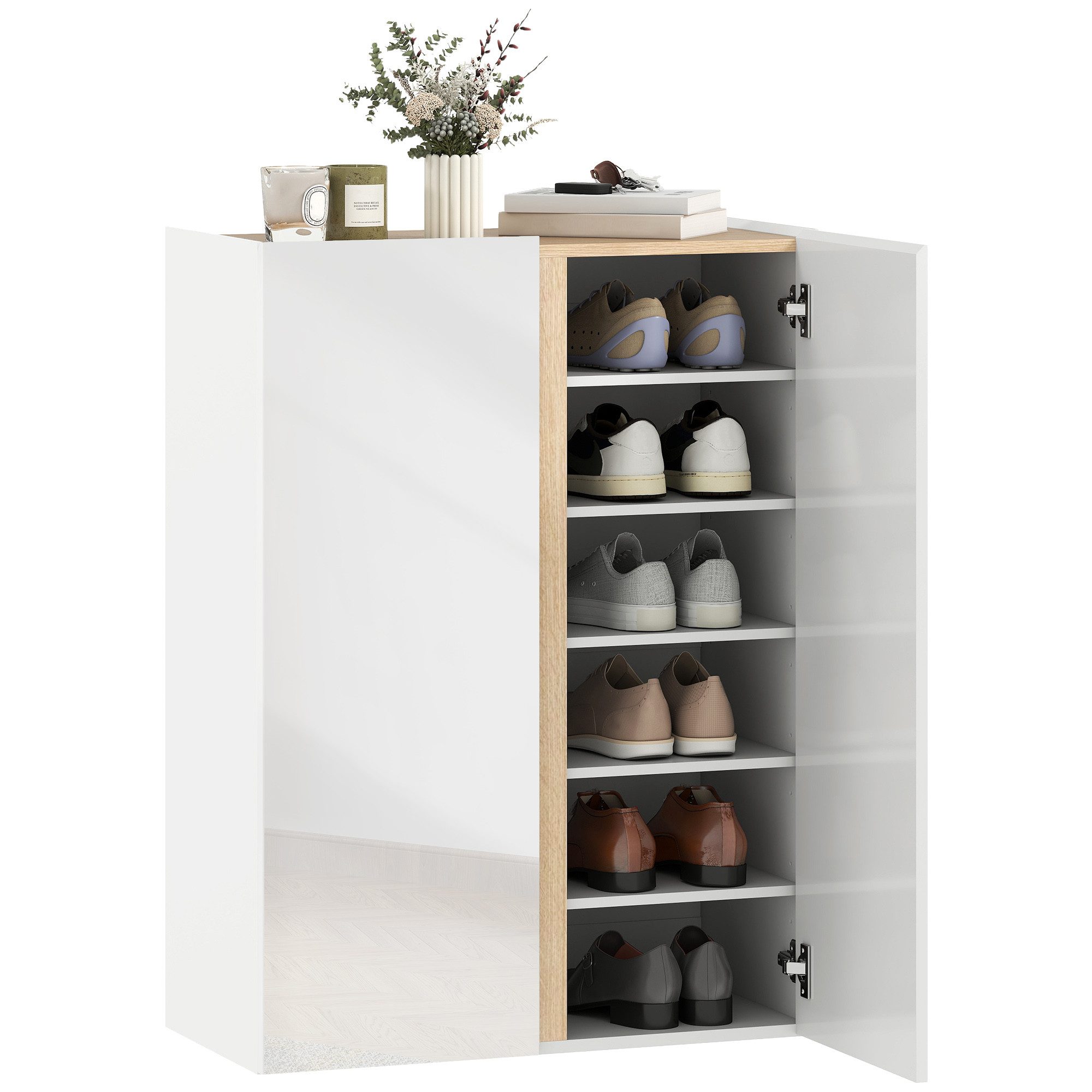 HOMCOM Schuhschrank Schuhregal Schuhkommode mit 2 Hochglanz Türen, 6 verstellbare Fächer (Schuhkommode, 1-St., Schuhaufbewahrung) mit Soft-Close-Funktion für 18 – Bild 2 von 5