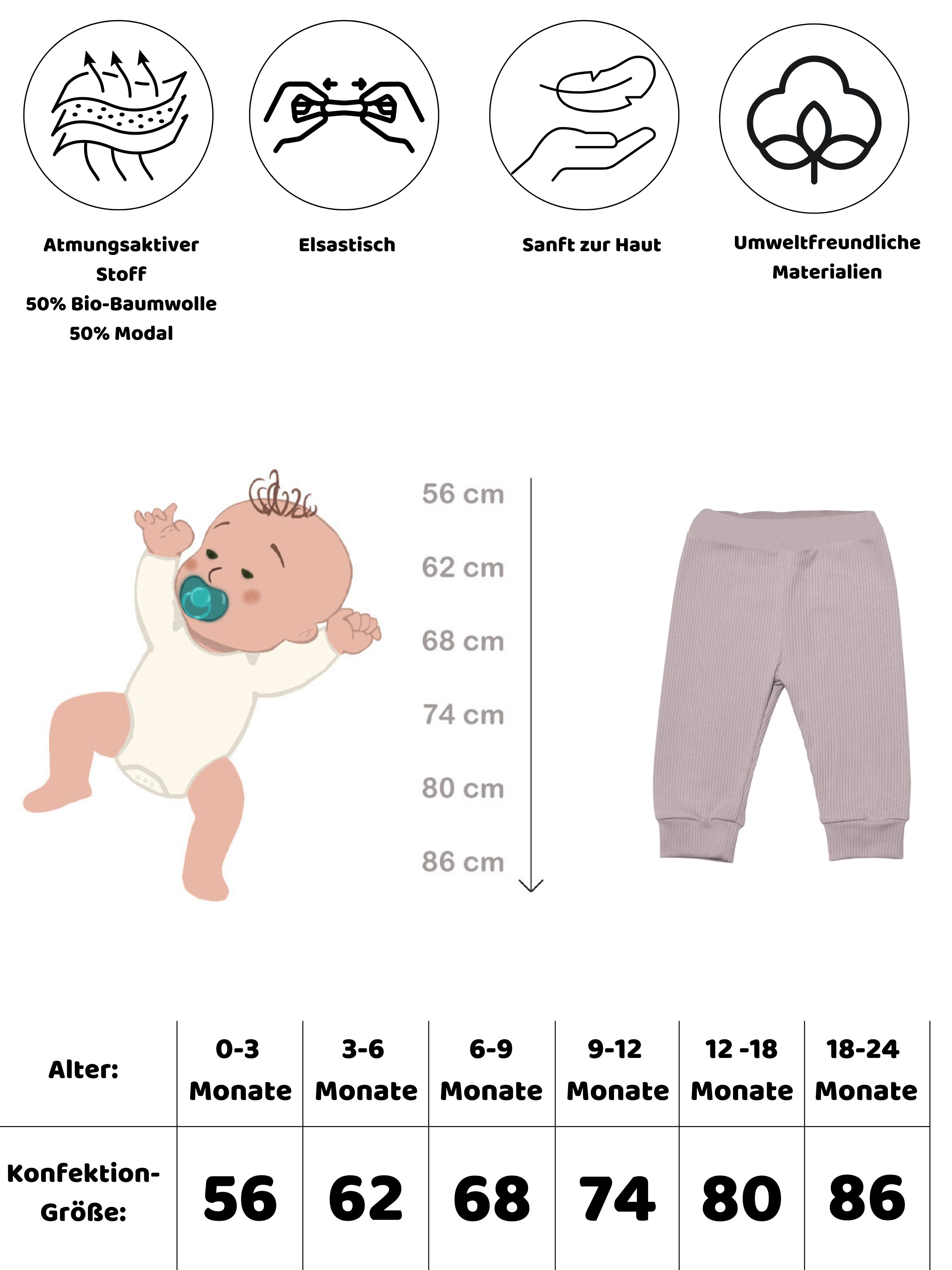 biorganic Stoffhose Ripp (3er Pack), Mehrfarbig, Unisex, Baby Hose für Jungen und Mädchen (Set, 4-tlg., 3er-Pack Hosen & 1 Beutel) gerippte Textilstruktur (Ripp), Modal und Bio-Baumwolle, Größe 56 - 86