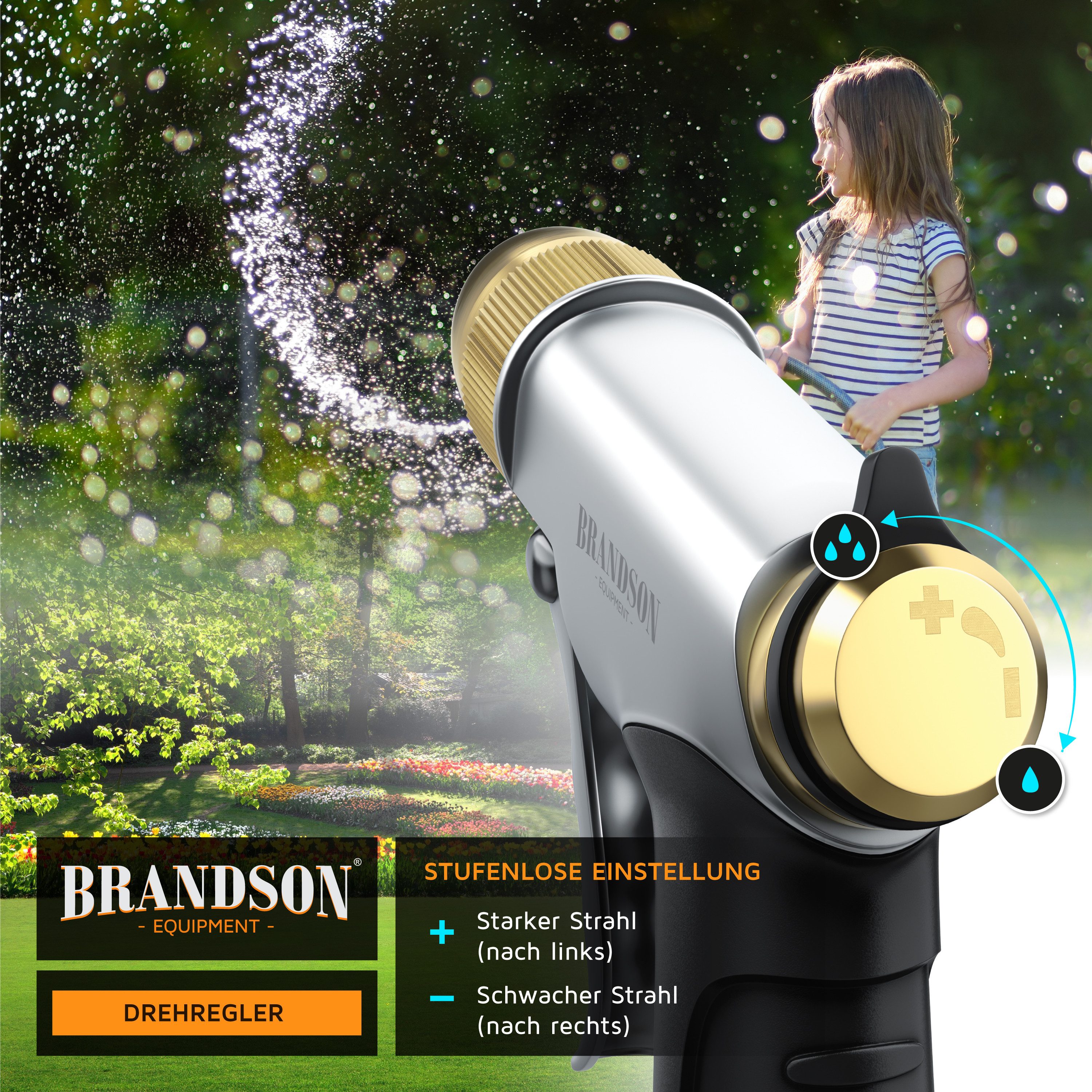 Brandson Sprühregner Garten Handbrause, Metall Gartenpistole, Gartenbrause, Pistolengriff, (1-St., Vollmetall Brause mit Messing-Sprühkopf, 1/2", bis 6 bar), stufenlos justierbare Düse, gummierter Griff Schnellkupplungsanschluss