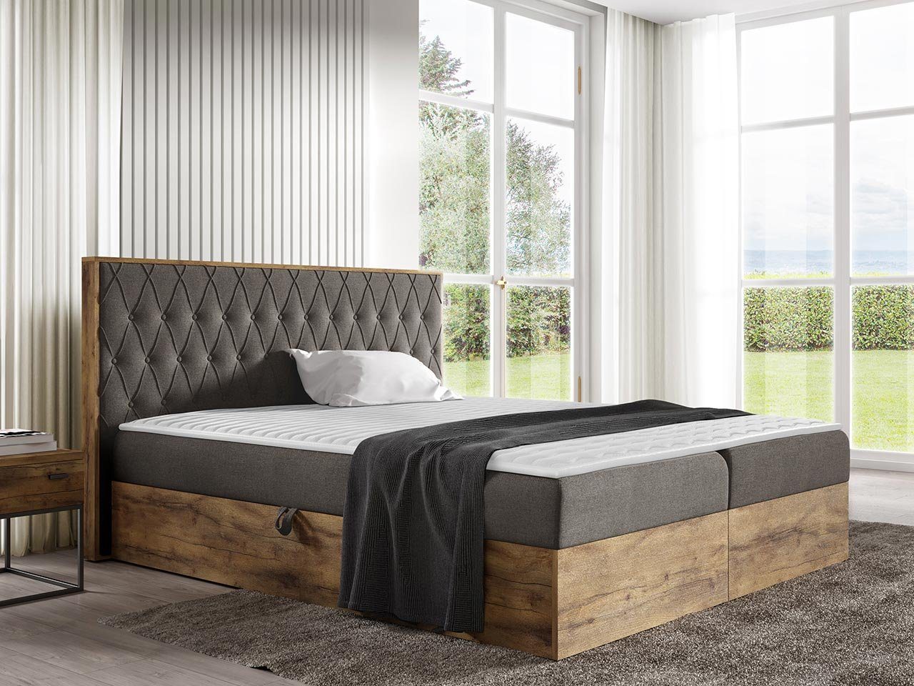 MIRJAN24 Boxspringbett Wood VI (mit zwei Bettkästen für die Bettwäsche), Polsterkopfteil, Topper, Bonellfederkern