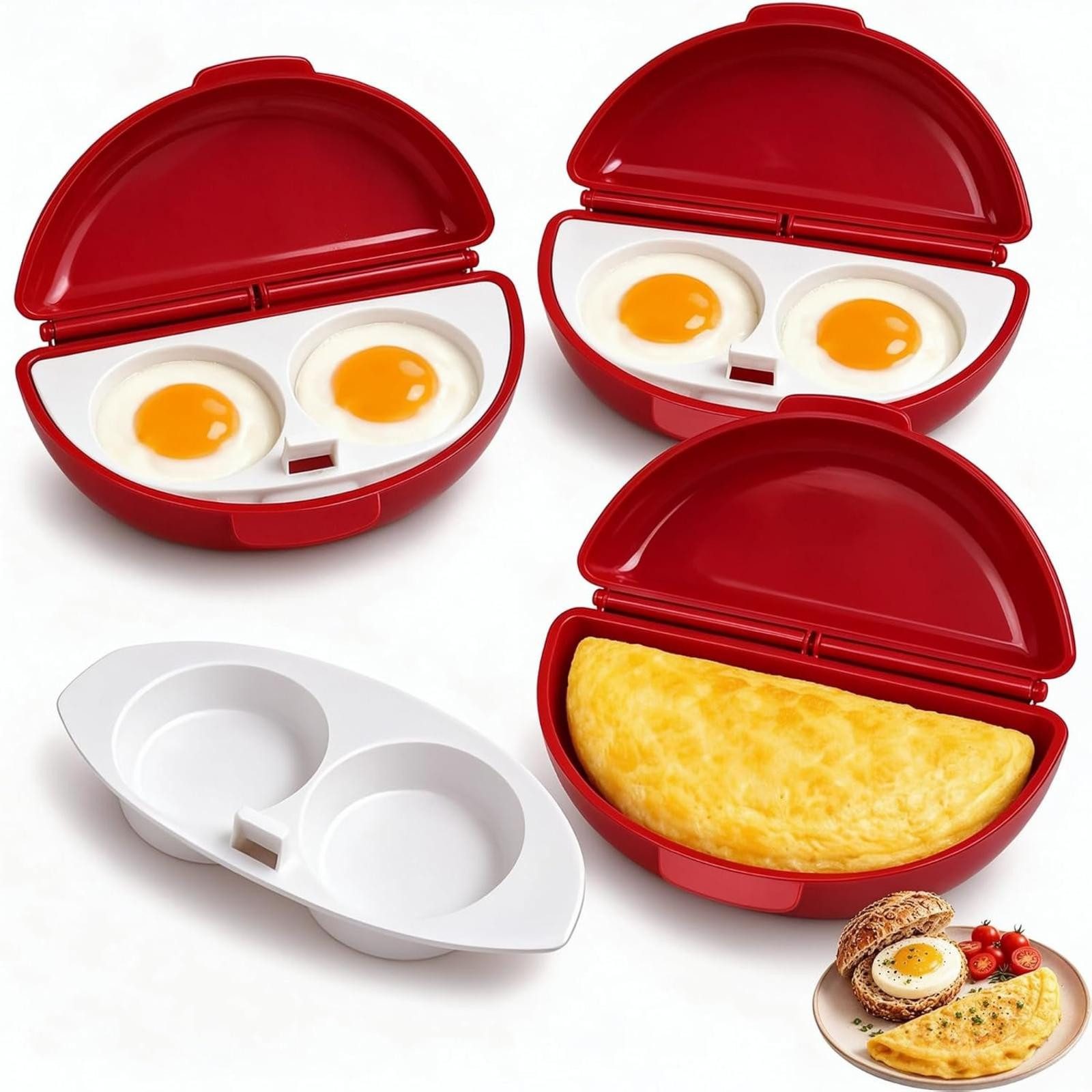 FELIXLEO Omelette-Maker Omelett Maker 2 in 1 Mikrowellen Eierkocher mit Deckel 3 Stück Rot