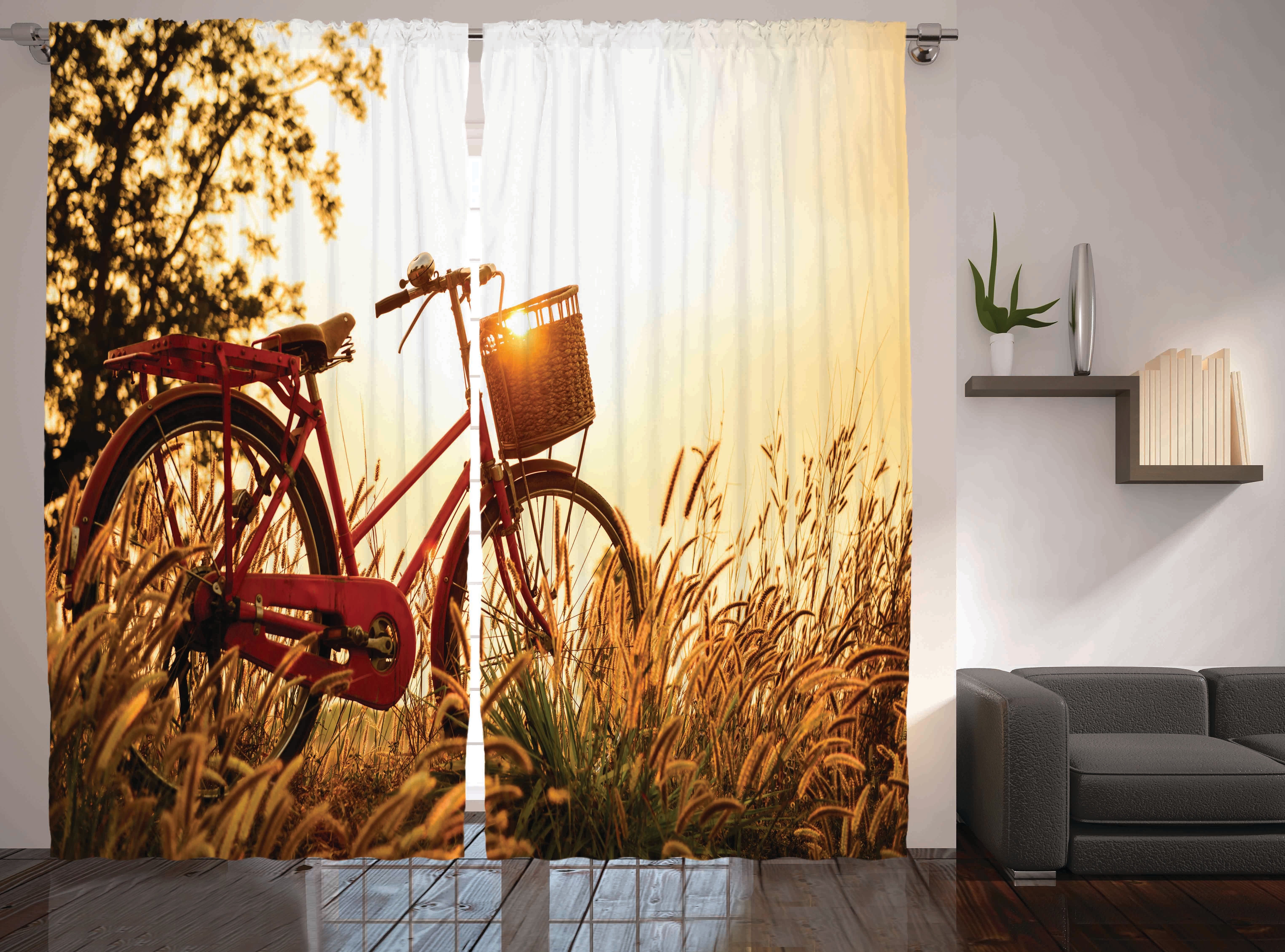 Gardine Schlafzimmer Kräuselband Vorhang mit Schlaufen und Haken, Abakuhaus, Retro Fahrrad in der Sepia-Tönen Rural