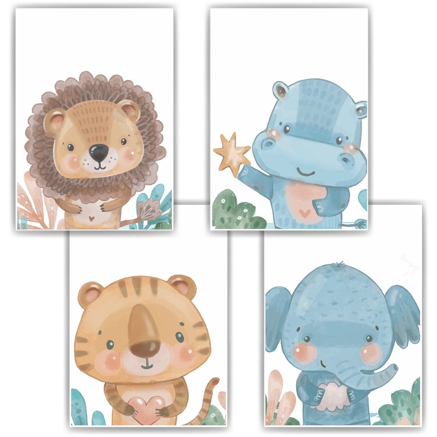 Poster Löwe Nilpferd Tiger Elefant Safari 4er Set Kinderzimmer Wandbilder