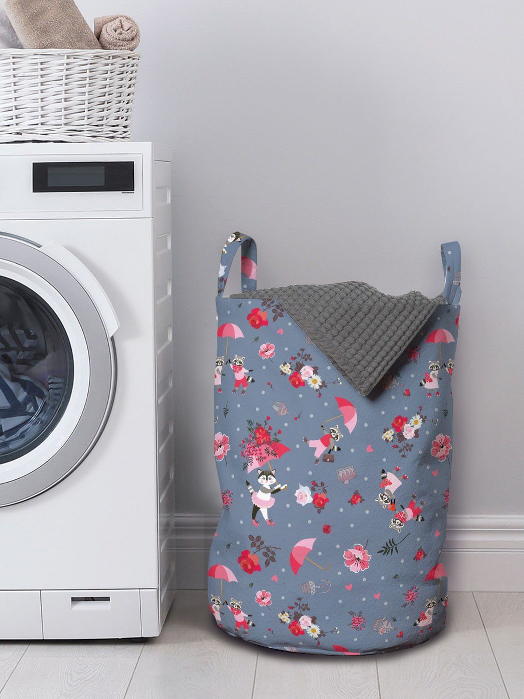Abakuhaus Wäschesäckchen Wäschekorb mit für Kordelzugverschluss Waschbären Waschsalons, Paar Griffen Romantisch Katze Lustige
