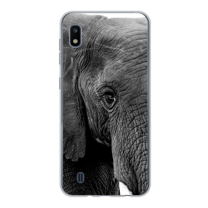 MuchoWow Handyhülle Nahaufnahme eines Elefanten in der Natur in Schwarz und Weiß Handyhülle Samsung Galaxy A10 Smartphone-Bumper Print Handy