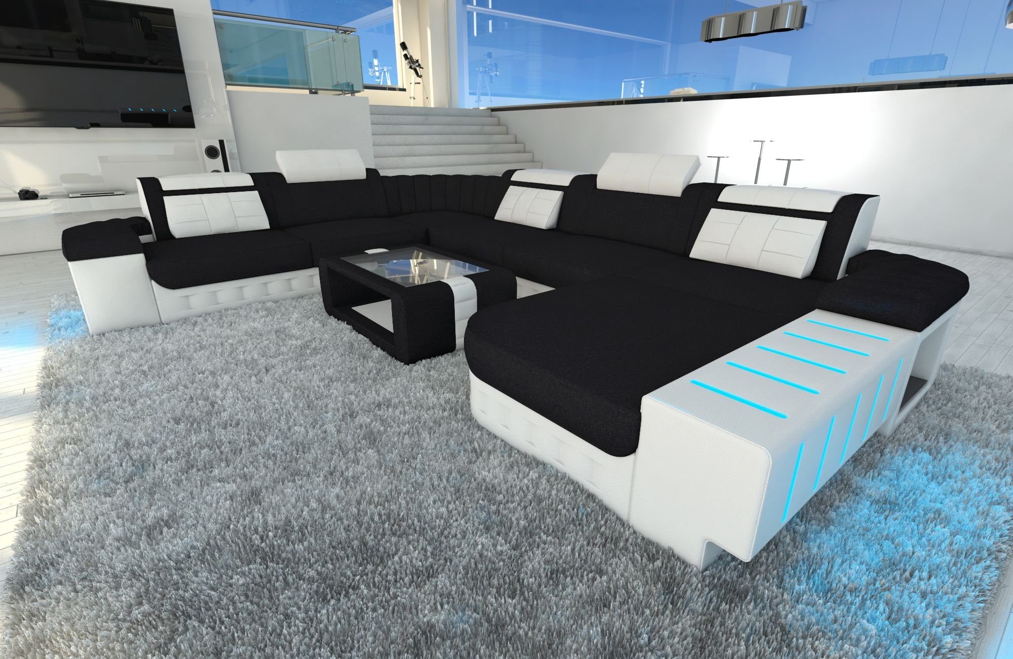 Sofa Dreams Wohnlandschaft Stoff Polster Sofa Couch Bellagio XXL U Form Stoff Sofa, mit LED, wahlweise mit Bettfunktion als Schlafsofa, Designersofa C33 Schwarz-Weiss