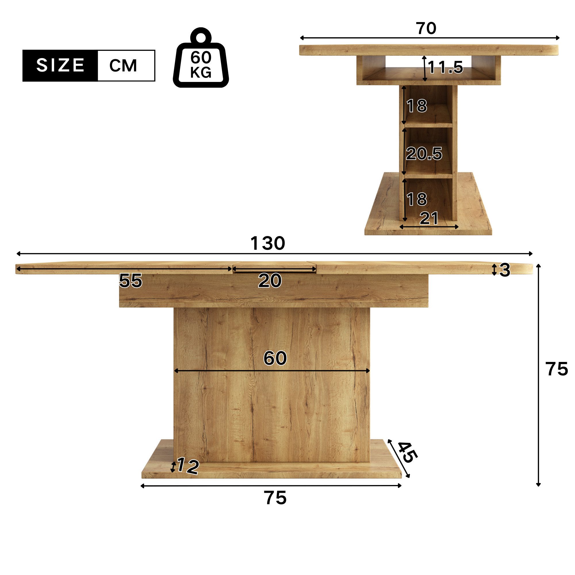 Flieks Esstisch erweiterbare Tischplatte 110-130x70 cm, verstellbare Länge (Multifunktionstisch, 1-St., 1 Tisch mit Stauraum), ausziehbar rechteckig Küchentisch – Bild 4 von 5