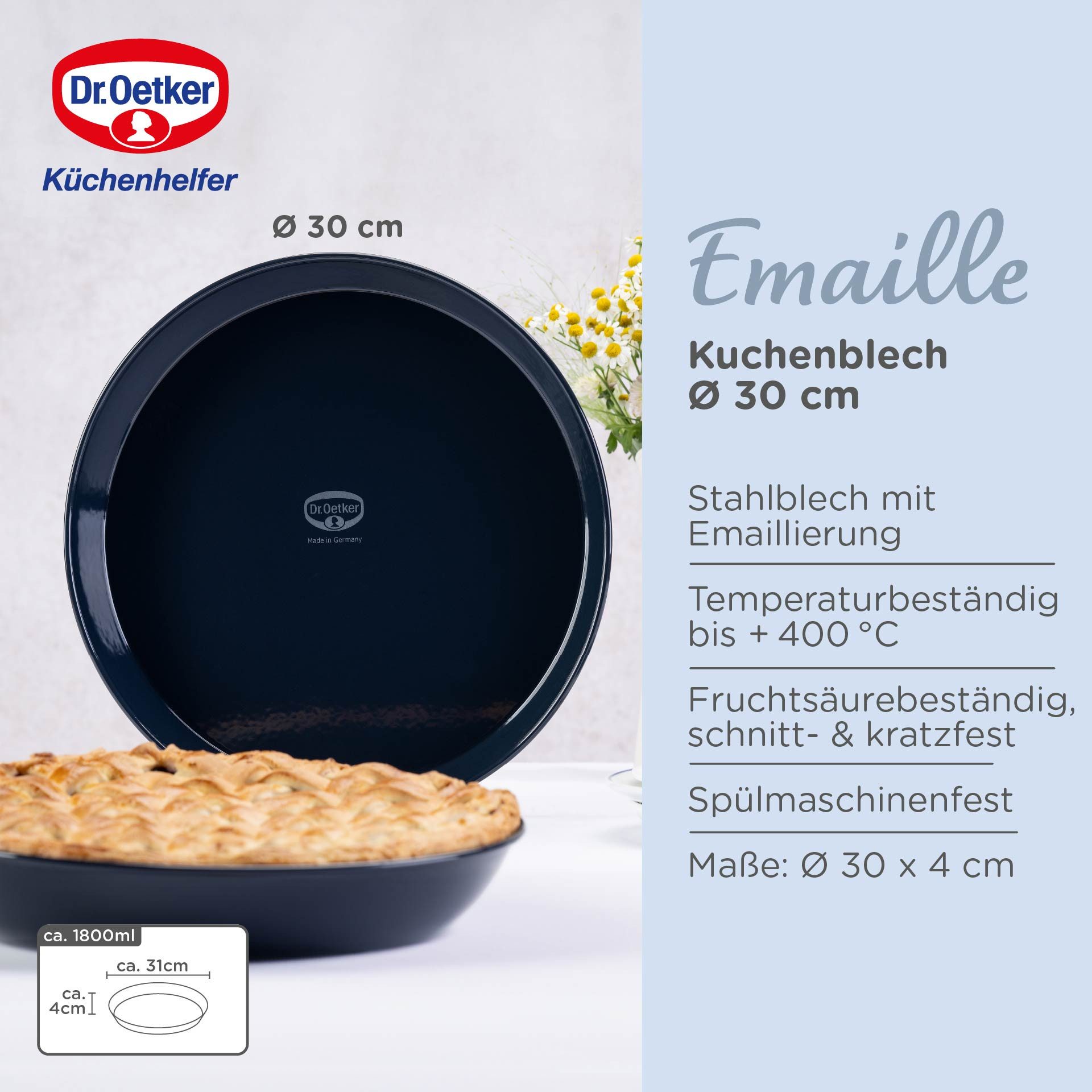 Dr. Oetker Küchenhelfer Kuchenblech Back-Liebe Emaille, 30 cm, Emaille, (1-St), Schnitt- & kratzfeste Backform mit Emaille & Antihaft-Beschichtung