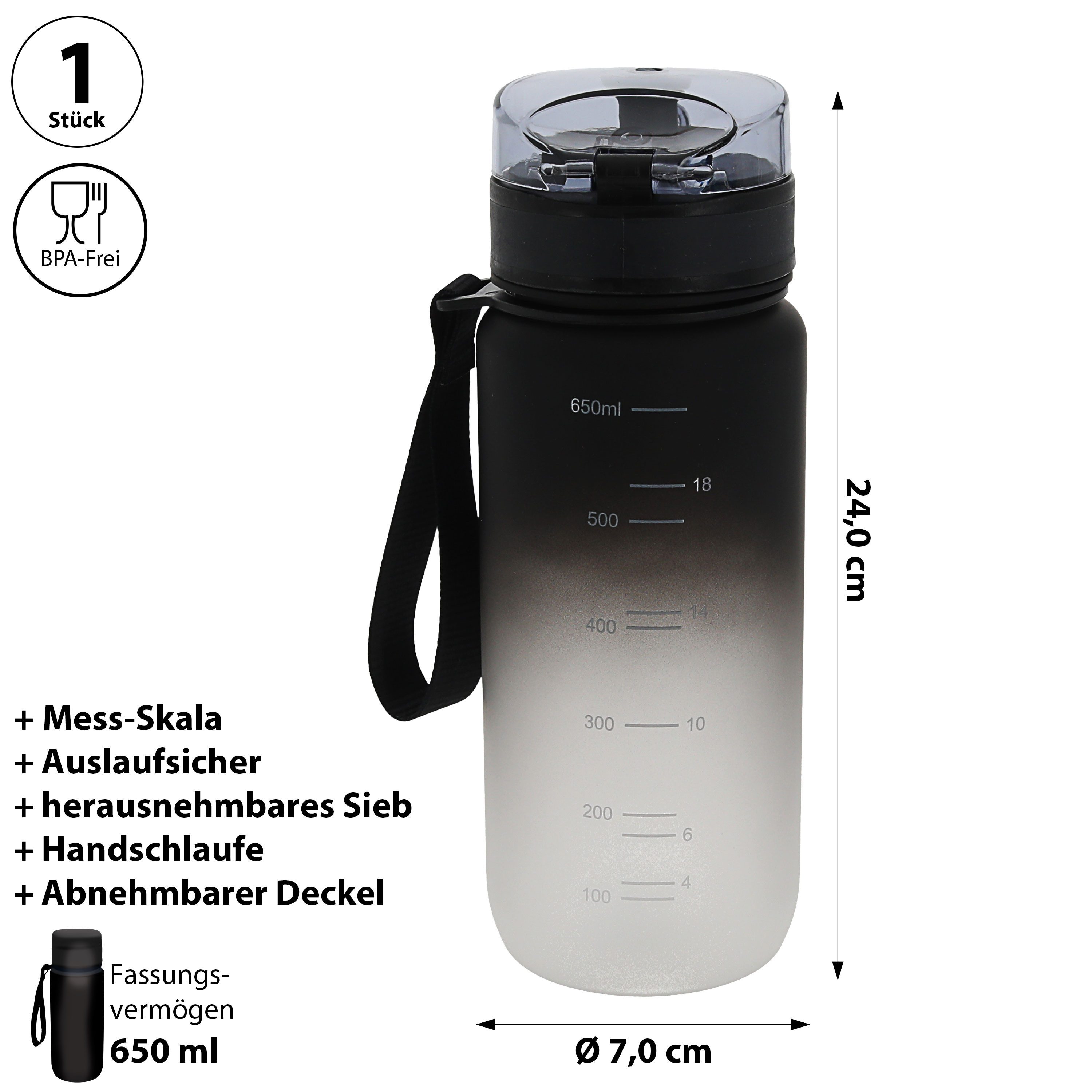 CEPEWA Trinkflasche Trinkflasche 650ml PET PP PE 7x24cm schwarz weiß Handschlaufe Sieb