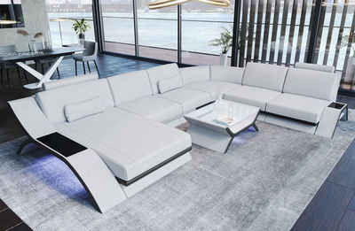 Sofa Dreams Wohnlandschaft Sofa Leder Calabria XXL U Form Ledersofa, Couch, mit LED Beleuchtung, USB Anschluss und Multifunktions-Console