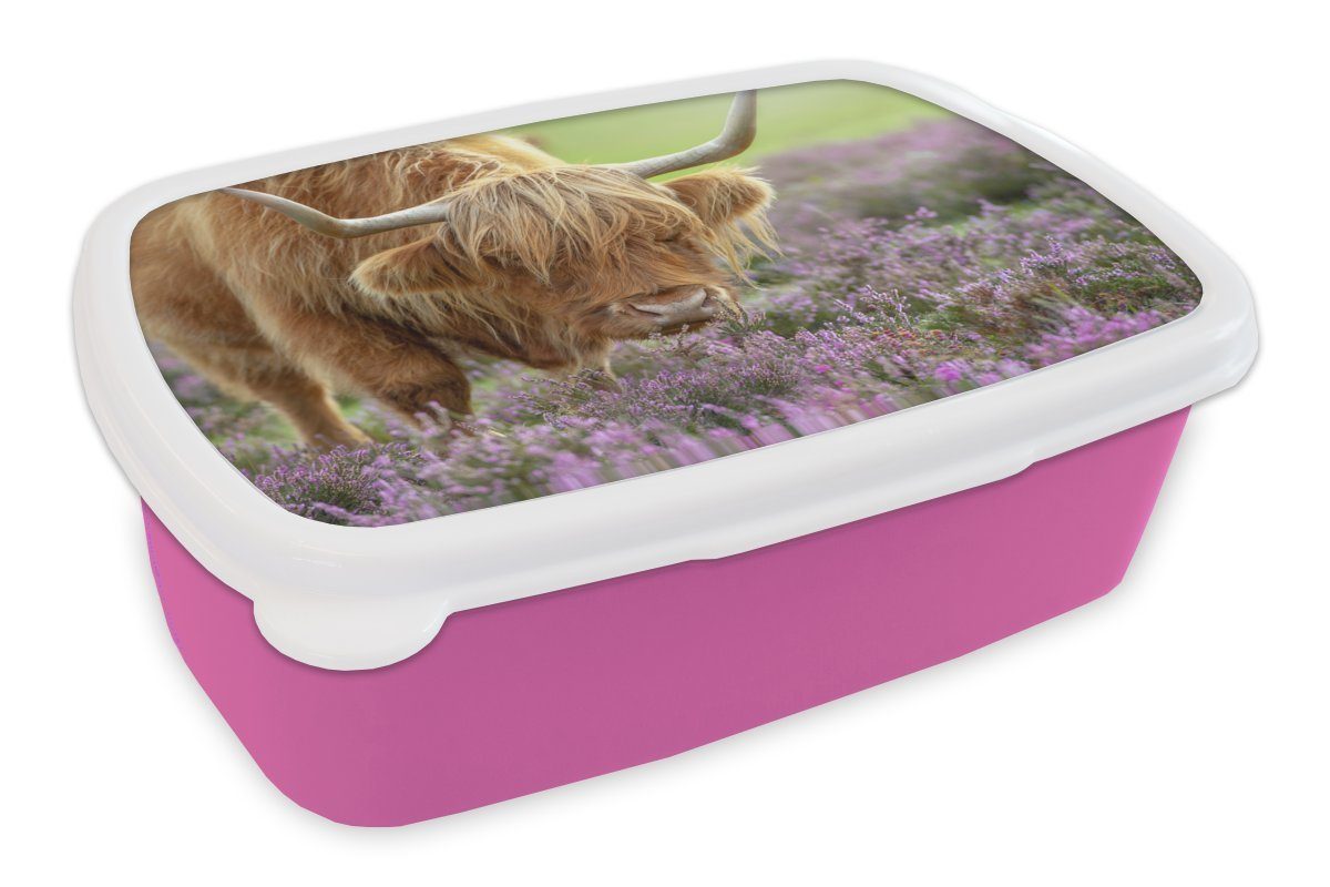 MuchoWow Lunchbox Schottische Highlander - Blumen - Natur, Kunststoff, (2-tlg), Brotbox für Erwachsene, Brotdose Kinder, Snackbox, Mädchen, Kunststoff rosa