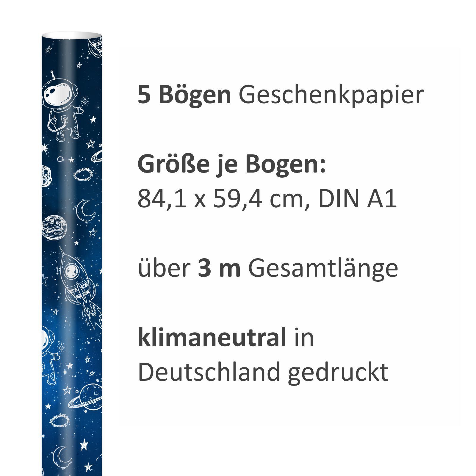 nikima Packpapier 5 Bögen Geschenkpapier Weltall Weltraum - 1,60€/qm- 84,1 x 59,4 cm, 5 Bögen