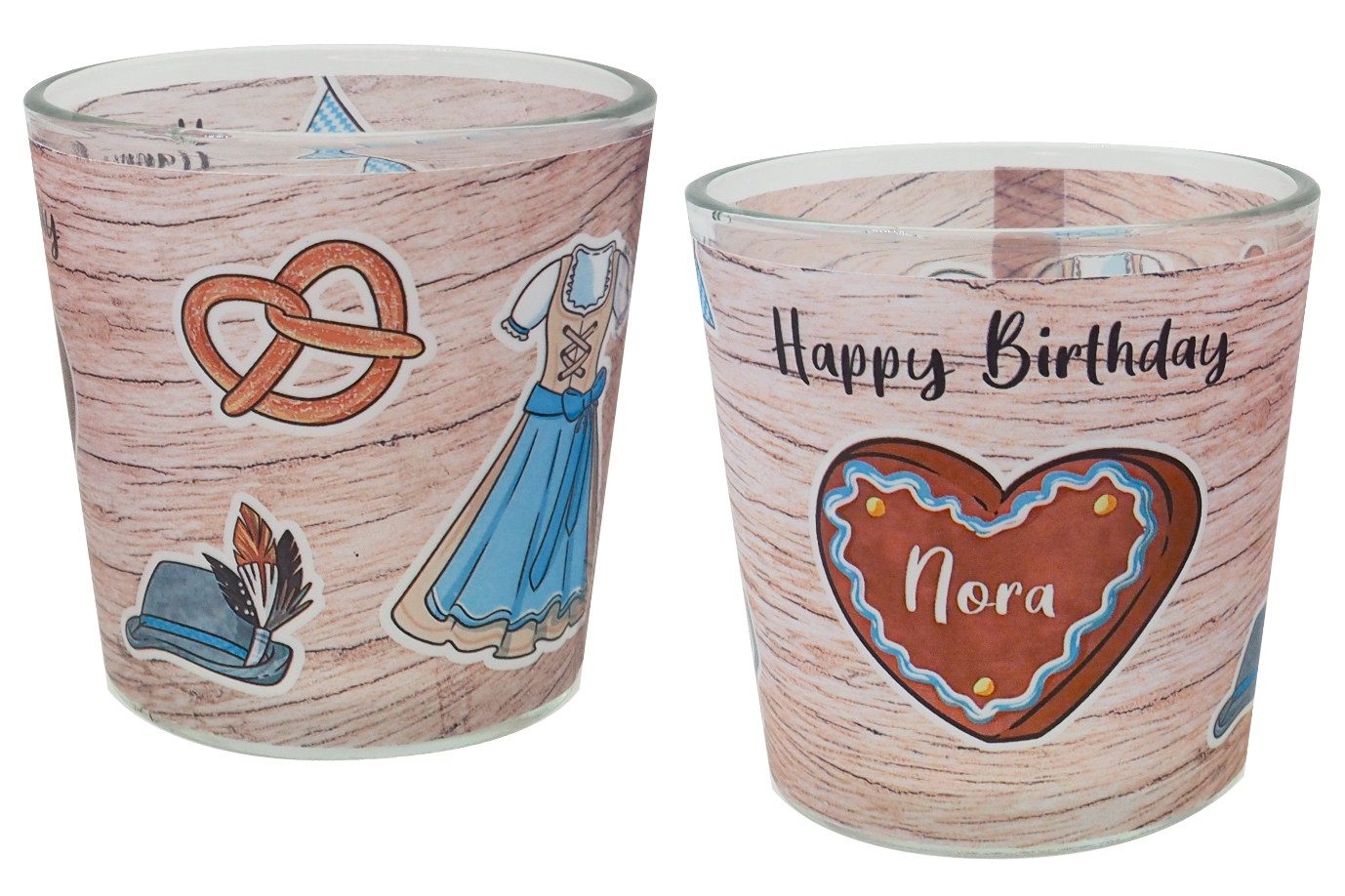 Teelichthalter Windlicht Oktoberfest Hellblau Braun Geburtstag PERSONALISIERT 7,5cm H