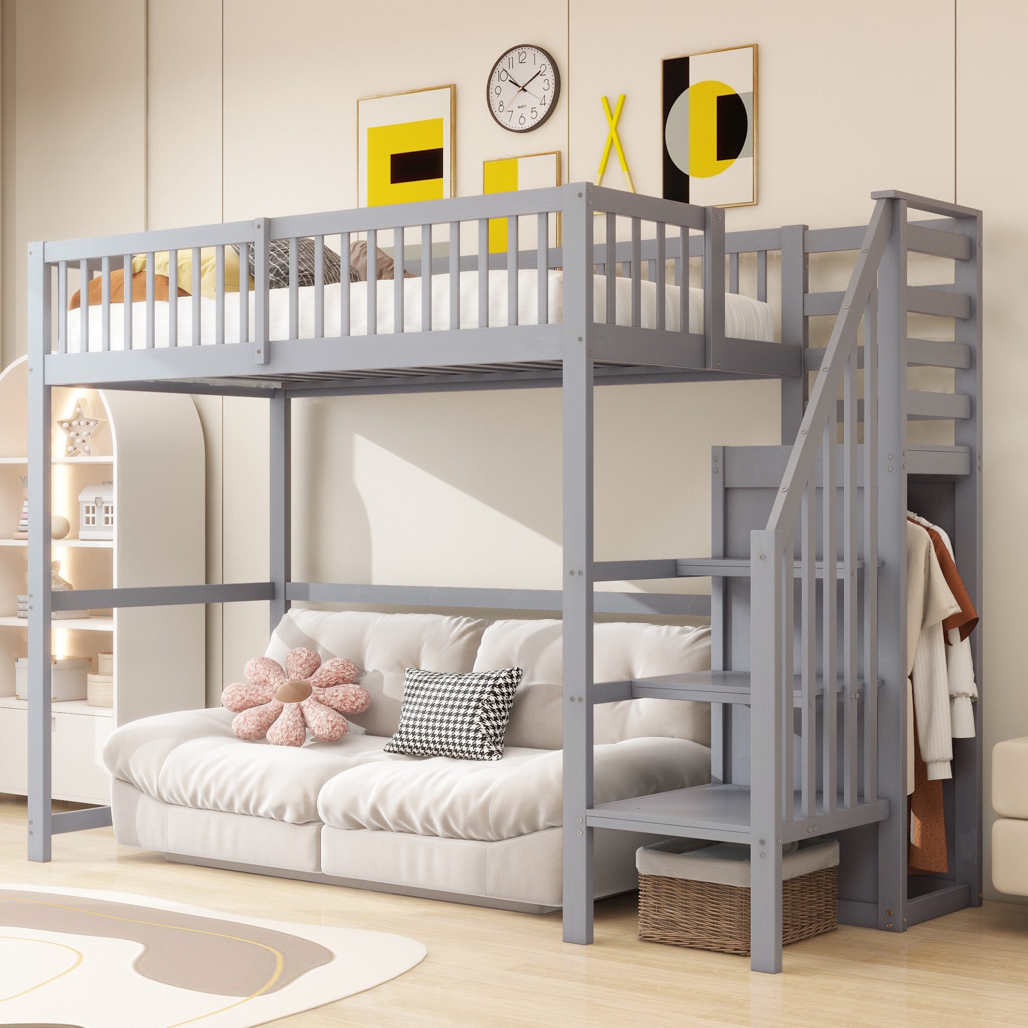REDOM Kinderbett Hochbett Stauraumbett Einzelbett Holzbett (aus Holz mit Treppe und integriertem Aufbewahrungsregal, 90x200cm), Ohne Matratze