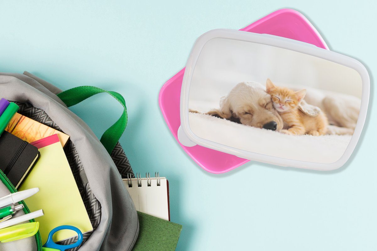 Tiere Brotbox (2-tlg), Rot, Kätzchen Kunststoff, Lunchbox rosa für - Hund Erwachsene, MuchoWow - Brotdose Mädchen, Kinder, - Kunststoff Snackbox,