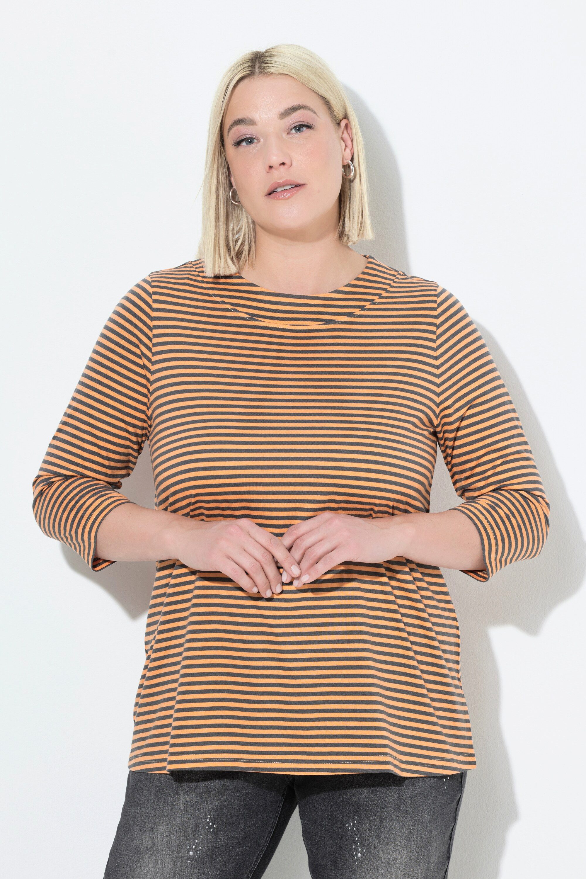 Ulla Popken Longsleeve Shirt Ringel A-Linie Stehkragen 3/4-Arm