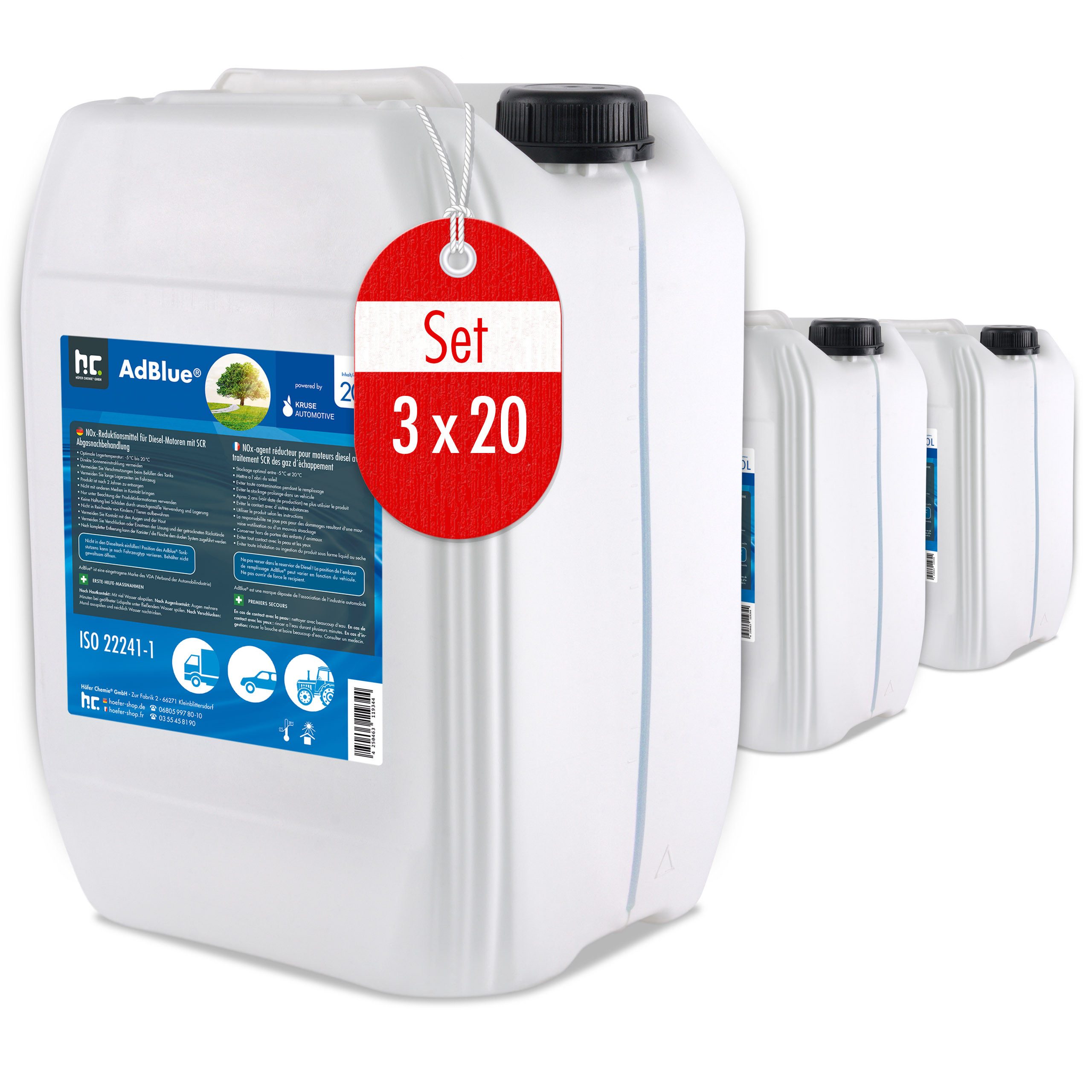 Höfer Chemie GmbH Harnstofflösung 3x 20 L AdBlue® Harnstofflösung, (3-St) Reduziert effektiv Stickoxid-Emissionen