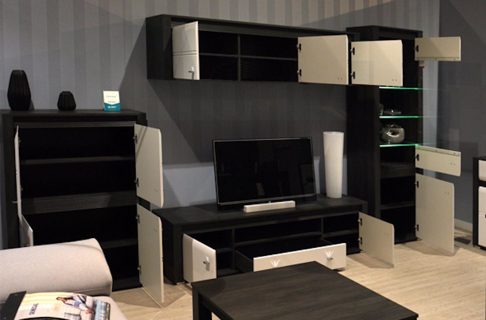 Feldmann-Wohnen Wohnzimmer-Set SEVILLA, (Set, 5-St., 1 Standvitrine + 1 TV-Element + 1 Kommode + 2 Wandregale), B/T/H: 326,4 cm / 37-42 cm / 205,5 cm