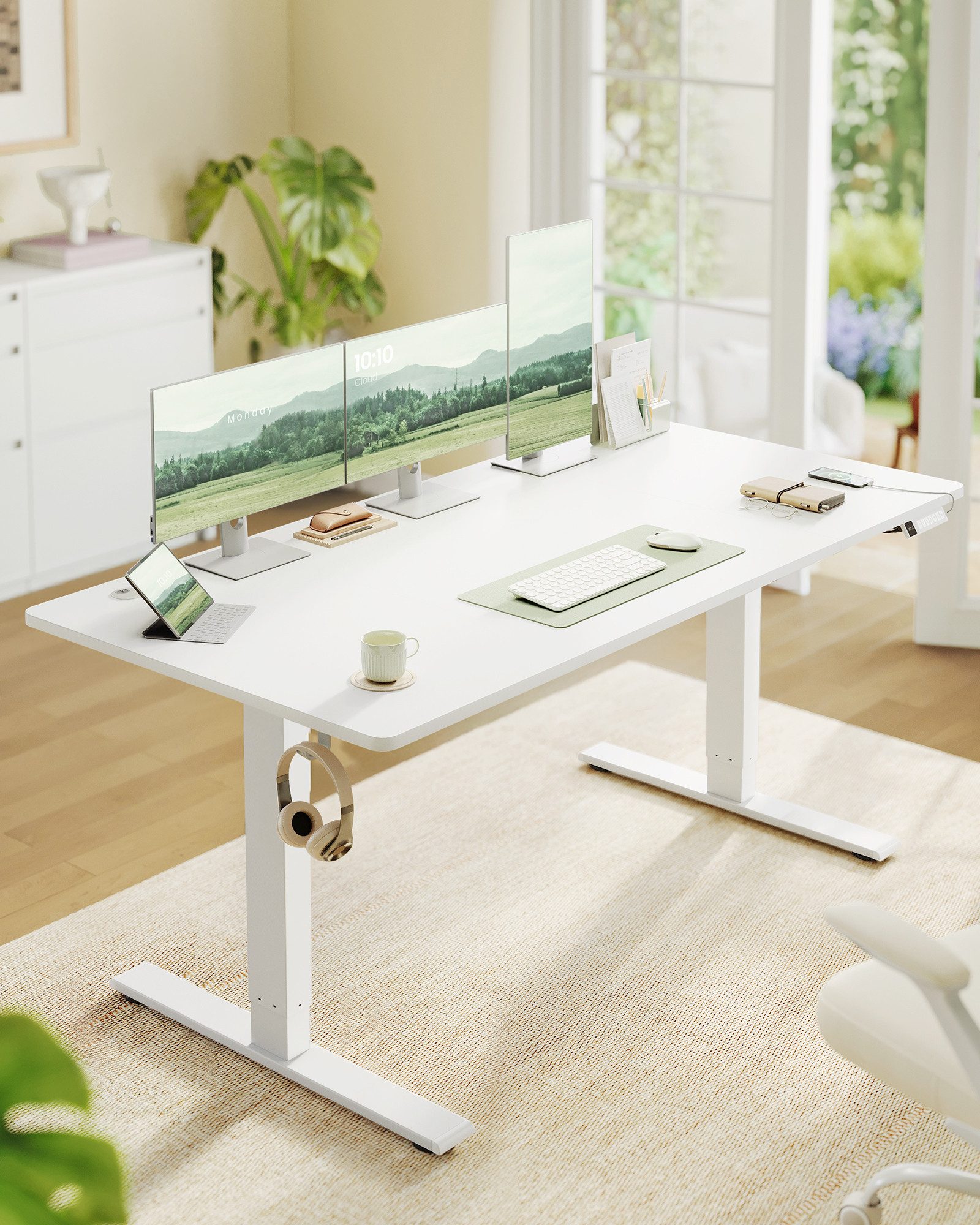 VASAGLE Schreibtisch Höhenverstellbarer, USB-C-Anschluss, Erinnerung bei langem Sitzen, Ablage für Steckdosenleiste, 3 Speichertasten, 140/160/180cm