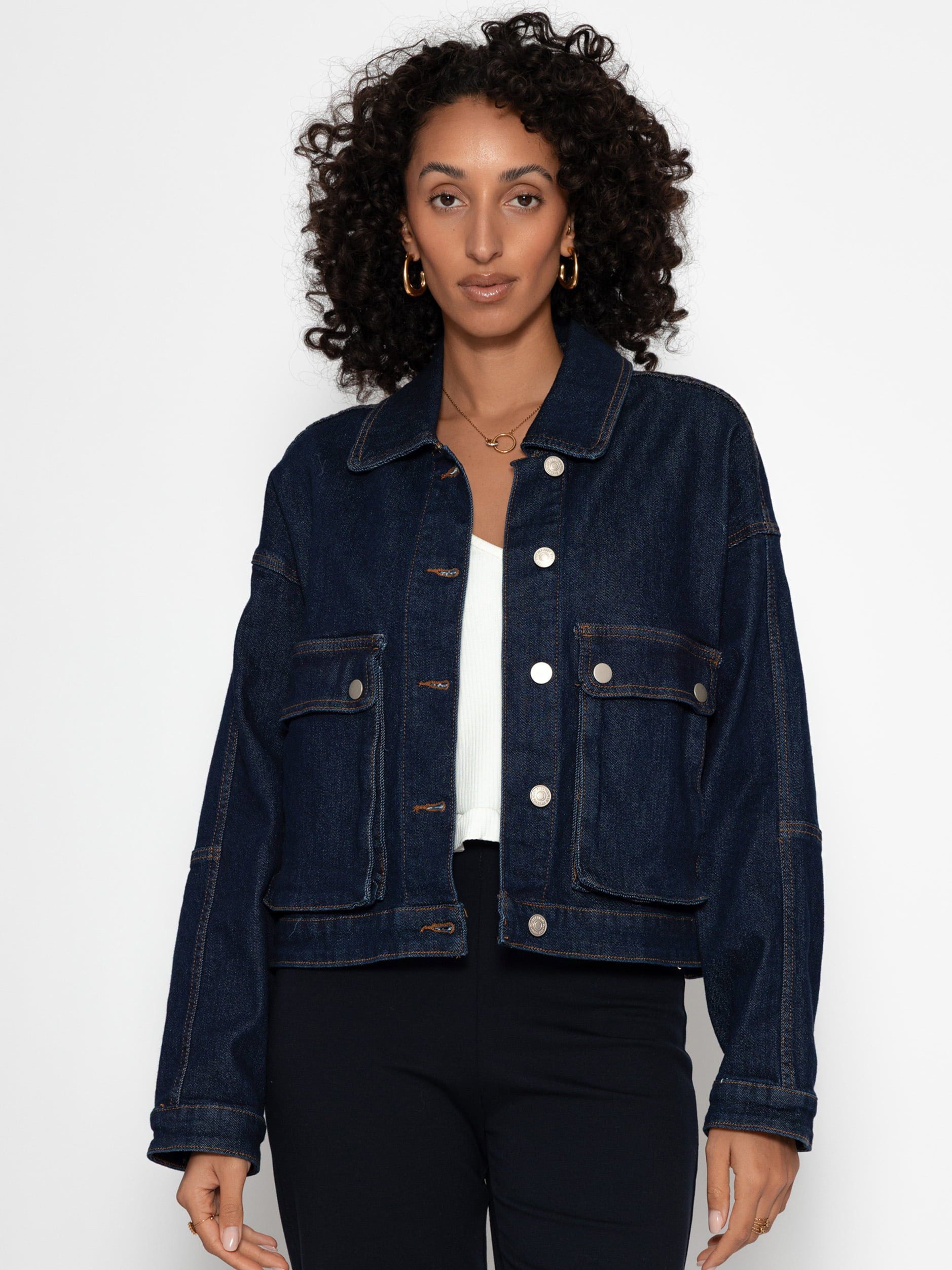 SASSYCLASSY Jeansjacke Oversize Jeans Jacke mit Taschen für Damen Jeans Jacke mit großen Seitentaschen lässiger Schnitt dunkelblau – Bild 4 von 5