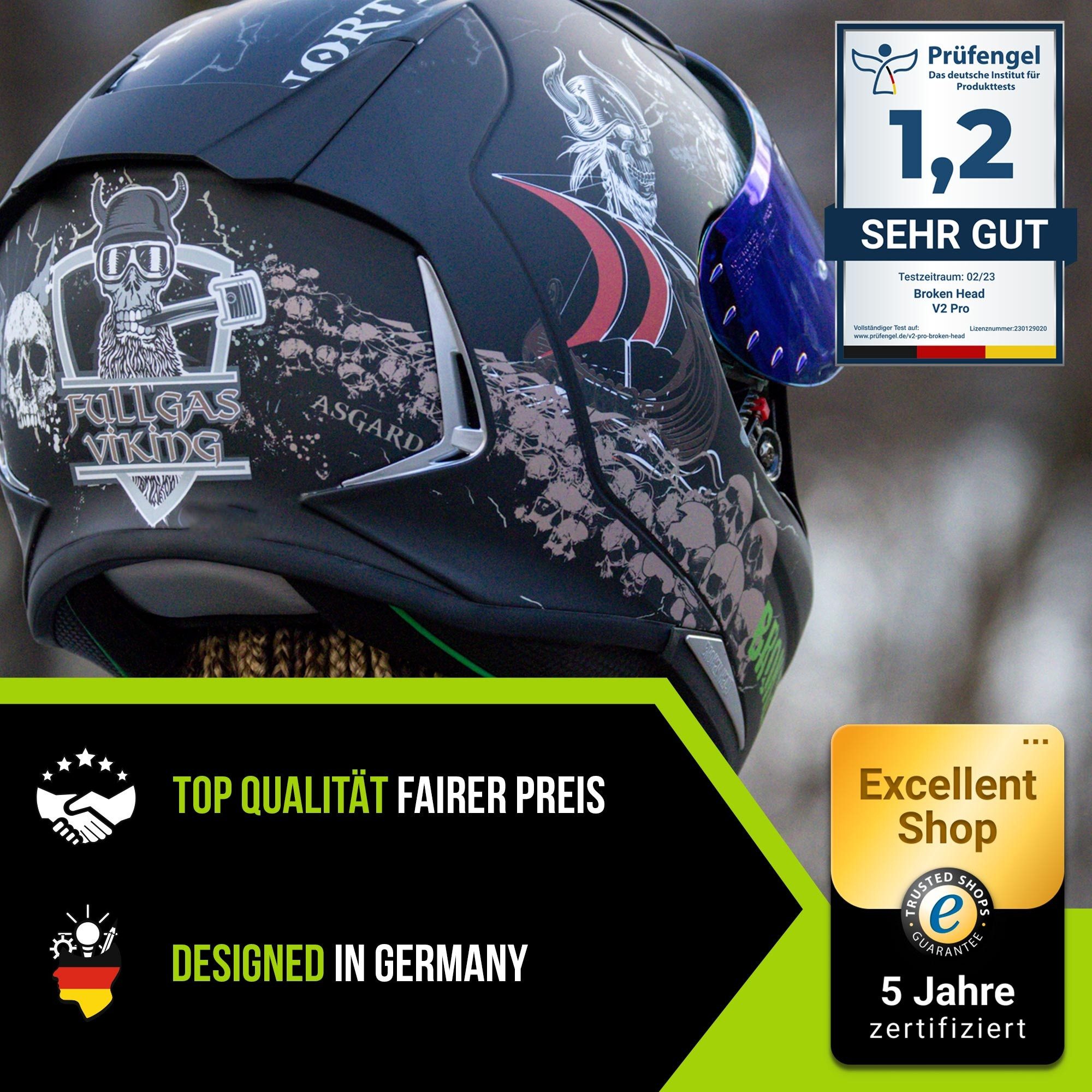 Broken Head Motorradhelm Fullgas Viking V2 Pro (Mit blau verspiegeltem Visier), Pinlock vorbereitet