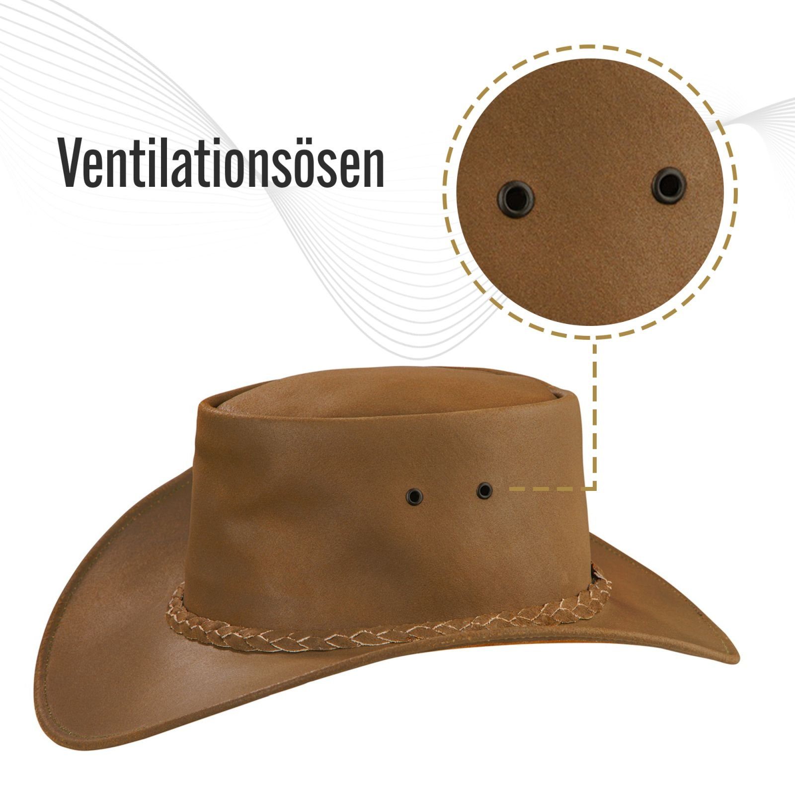 BLACK FOREST FOX Cowboyhut MELBOURNE Unisex Cowboy Western Wickel Rindsleder Hut Beige Brown Größe M