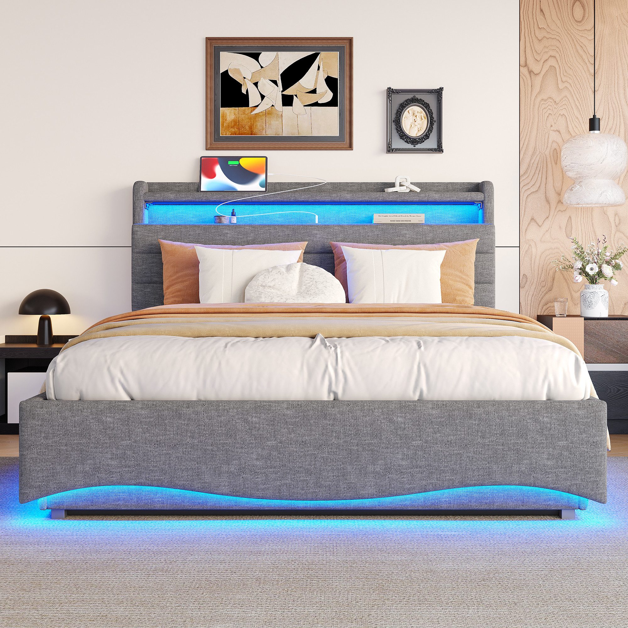 TavilaEcon Boxspringbett Polsterbett mit LED-Beleuchtung und Hydraulikmechanismus (1-St), 140x200cm, mit Ablagefach, USB-/Typ-C-Anschluss, Grau