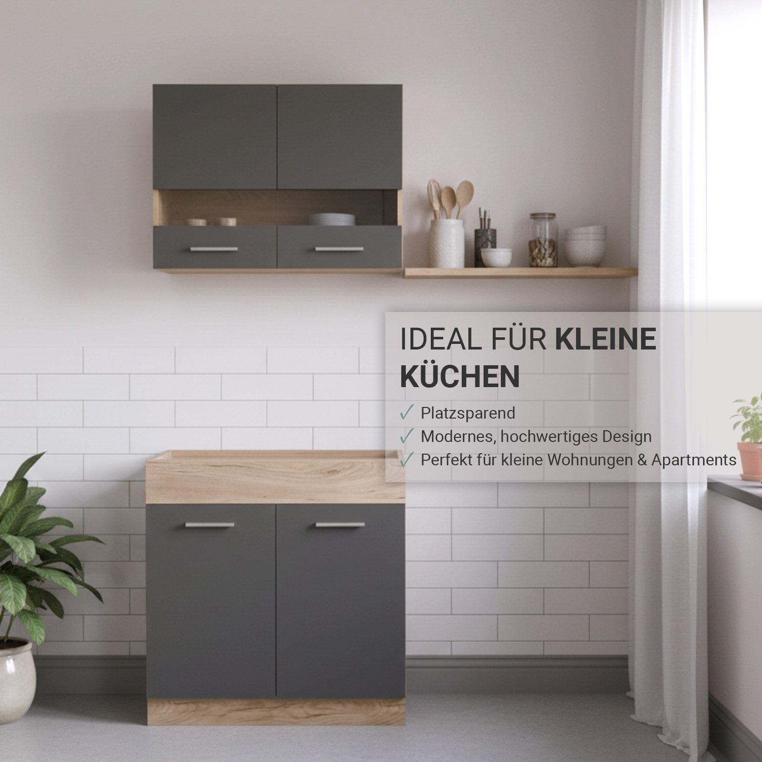 Meuble de cuisine Homestyle4u 80 cm sans électroménager, cuisine simple, chêne gris mat, placards hauts vitrés, (placards hauts, placards bas), bloc cuisine avec placards hauts et bas, cuisine aménagée