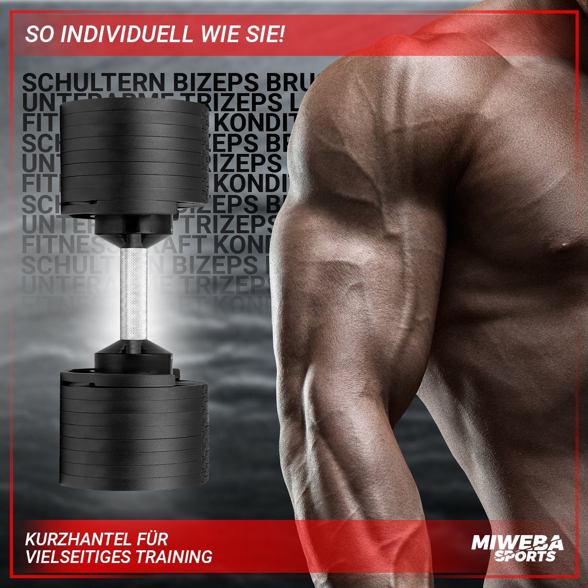 Miweba Sports Kurzhantel Fitness Stahl Hantel Set VH200 inkl. Gestell, (schneller Gewichtswechsel - rutschfest - platzsparend - Krafttraining - Muskelaufbau - Sport - Workout - Training, Hantelstange mit kreuzgerändeltem Profil, cleveres Verschlusssystem), 9-in-1 verstellbare Fitness Hantel - einstellbare Gewichte bis 28 kg