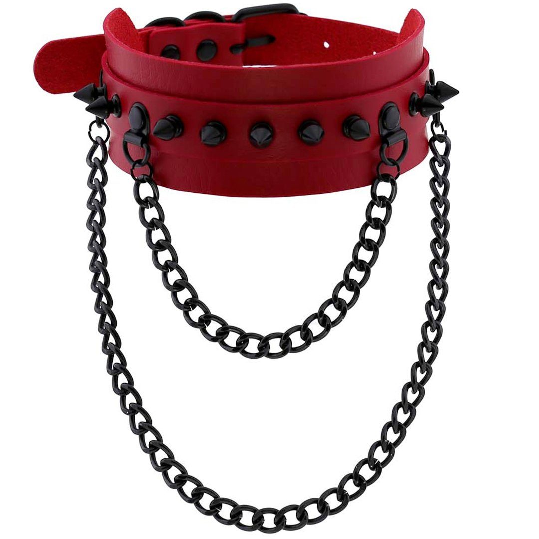 Sandritas Erotik-Halsband Halsband mit Nieten und Ketten - rot, schwarz