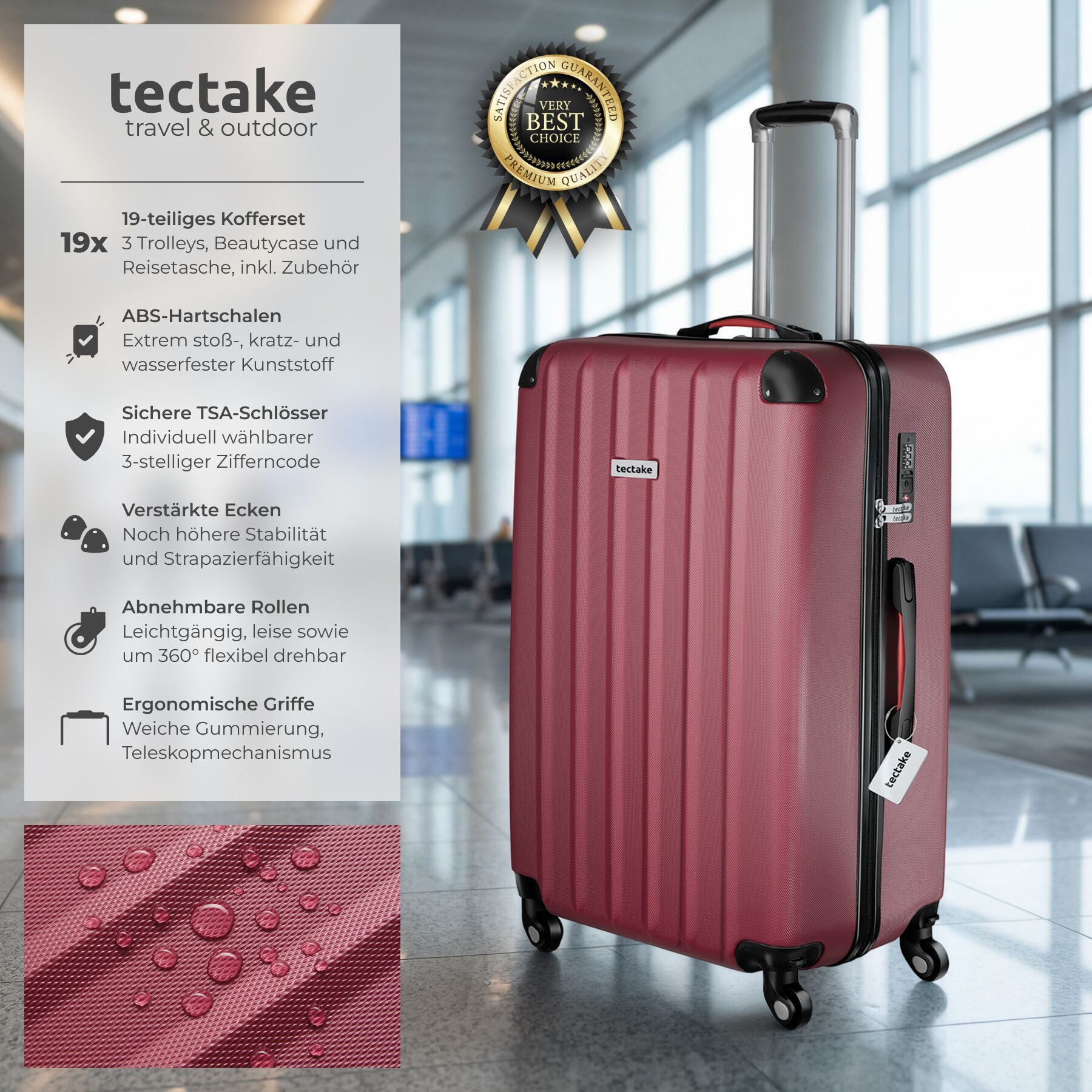 tectake Trolley Hartschalenkoffer-Set 19-teilig aus ABS-Kunststoff, Kofferwaage, 4 Rollen, TSA-Schloss, 360° drehbare, abnehmbare Rollen, mit Packwürfelset