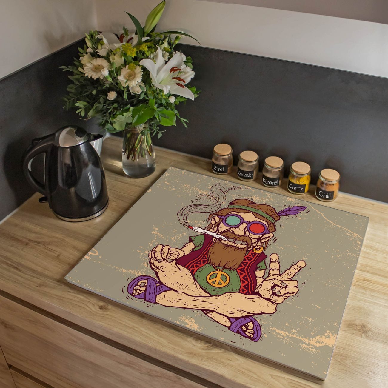 banjado Herd-Abdeckplatte einteilig aus Glas mit Motiv Peace, (gehärtet, 1 tlg., inkl. selbstklebende Gummifüßchen)