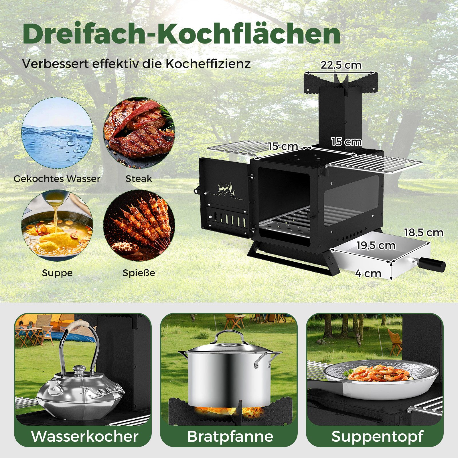 COSTWAY Holzkohlegrill 3in1, Heizofen mit Topfgestell, Ofenpfanne, 2 Grills
