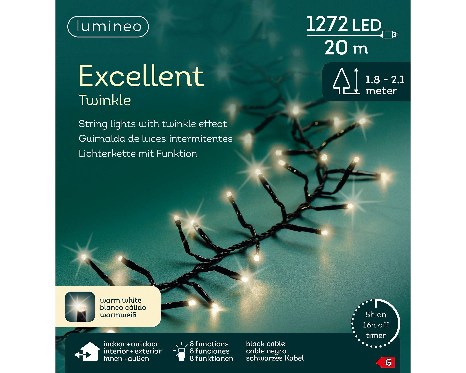 Lumineo LED-Lichterkette Lumineo Lichterkette EXCELLENT TWINKLE 1272 LED 20m warm weiß, schwarz, Indoor/Outdoor, 8 Effekte, 8h-Timer, + 5 Meter Zuleitung