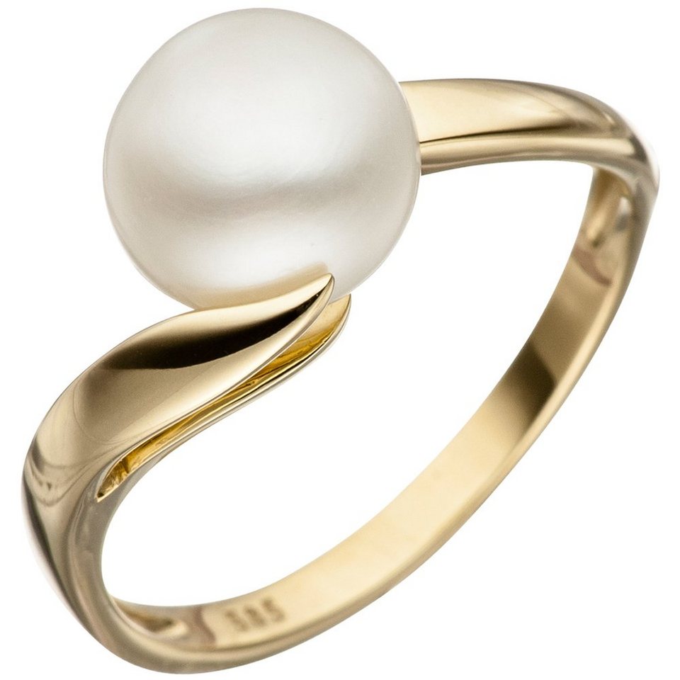 Schmuck Krone Fingerring Ring Damenring mit Perle Süßwasser Zuchtperle weiß 585  Gold Gelbgold Goldring, Gold 585
