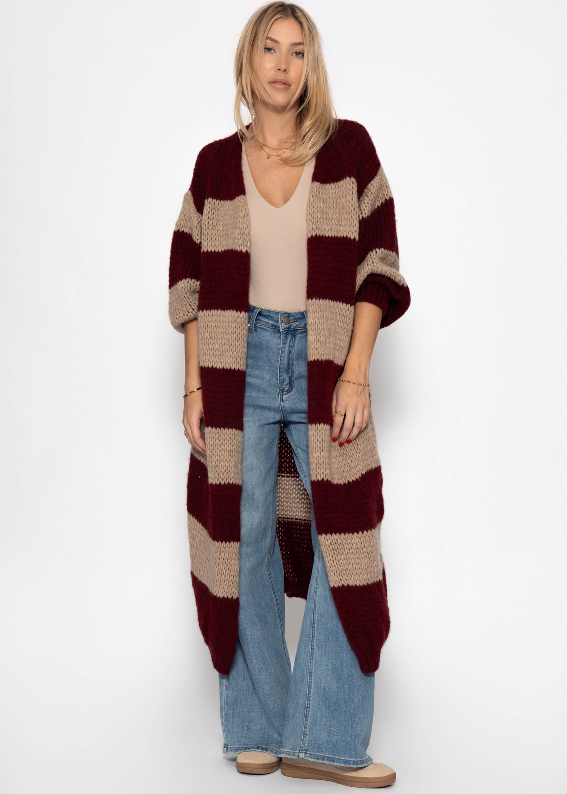 SASSYCLASSY Longstrickjacke Extra langer Cardigan mit Blockstreifen für Dam günstig online kaufen