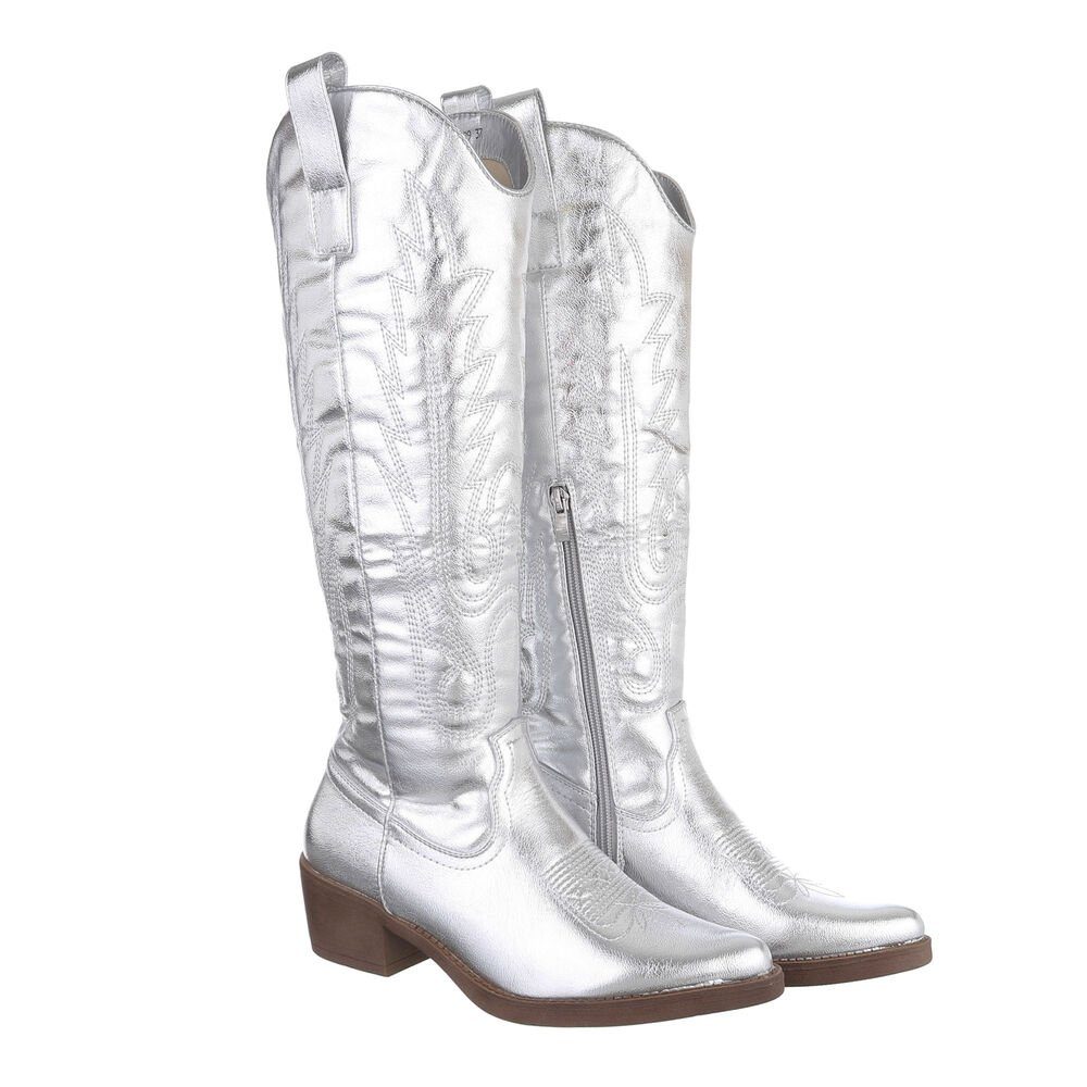 Ital-Design Damen Cowboyboots Western Westernstiefel Blockabsatz Western- & Bikerstiefel in Silber
