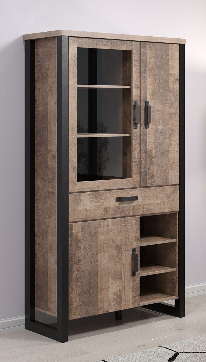 Vitrine Emile groß, Eiche (no-Set), Schwarz Highboard nachhaltig / Tabak trendteam