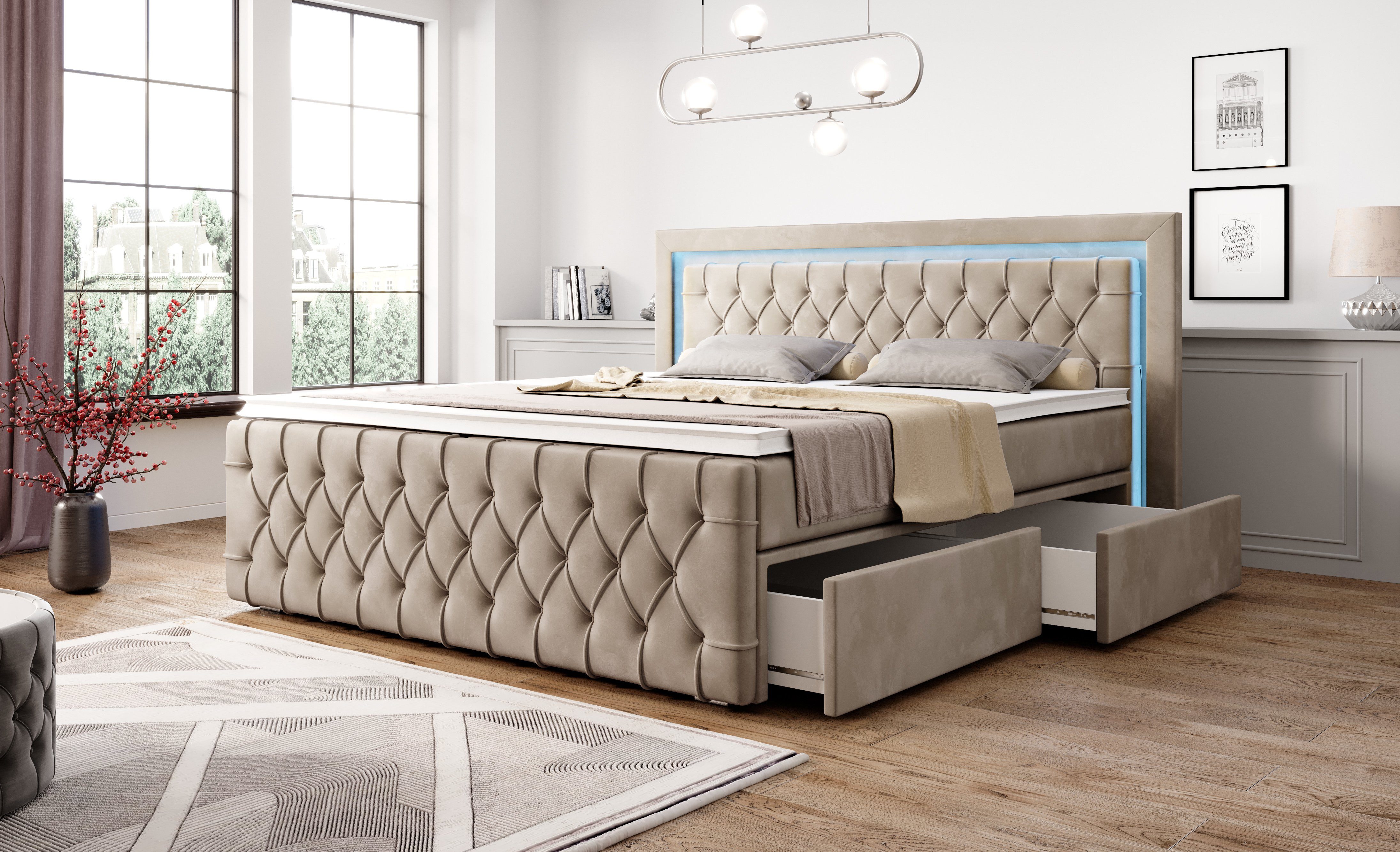 PROMETO Möbel Boxspringbett Arosa 7-Zonen-Taschenfederkernmatratze 180 x 200 cm - LED 16 Farben