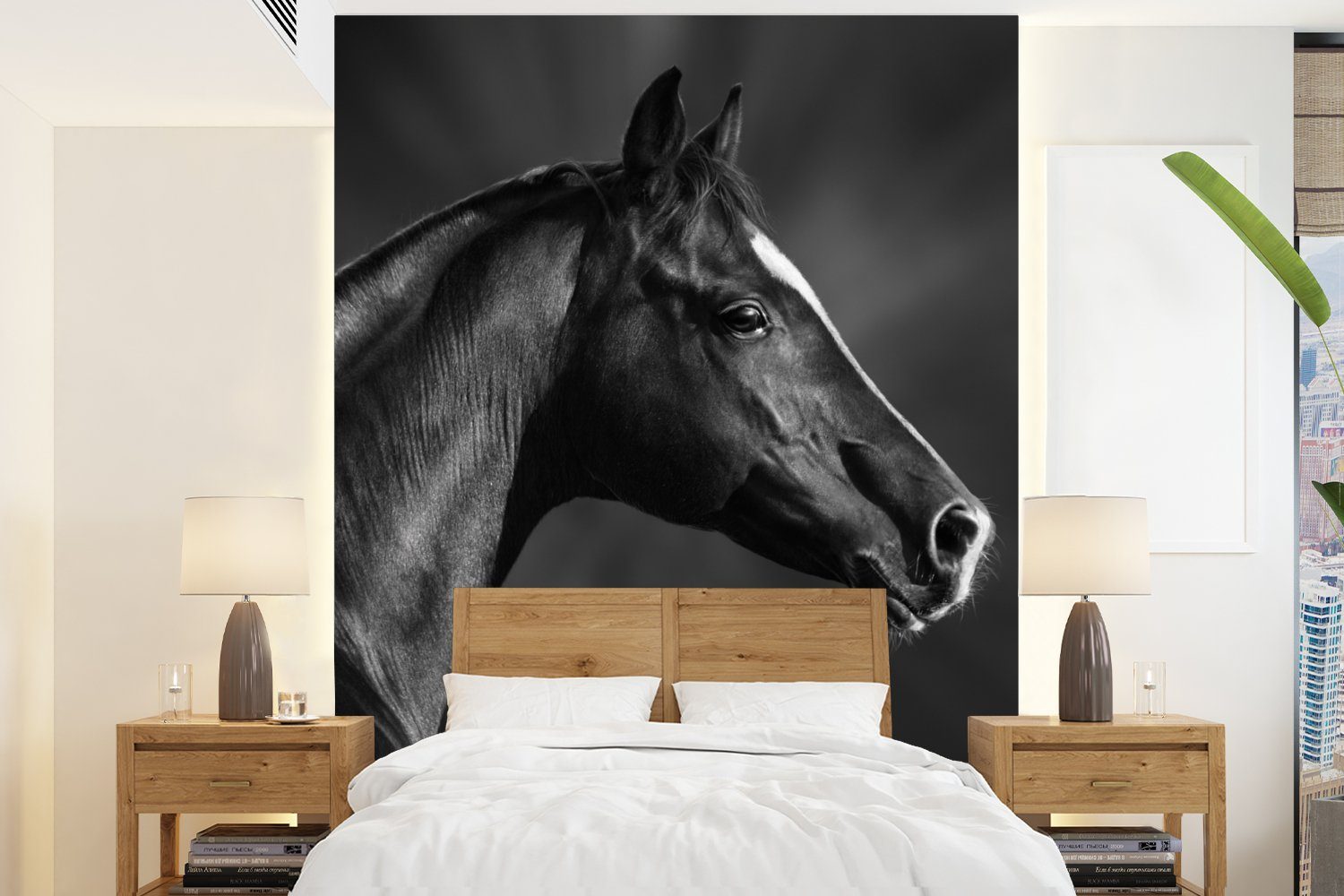 MuchoWow Fototapete Pferd - Tiere - Schwarz - Weiß - Porträt, Matt, bedruckt, (4 St), Montagefertig Vinyl Tapete für Wohnzimmer, Wandtapete