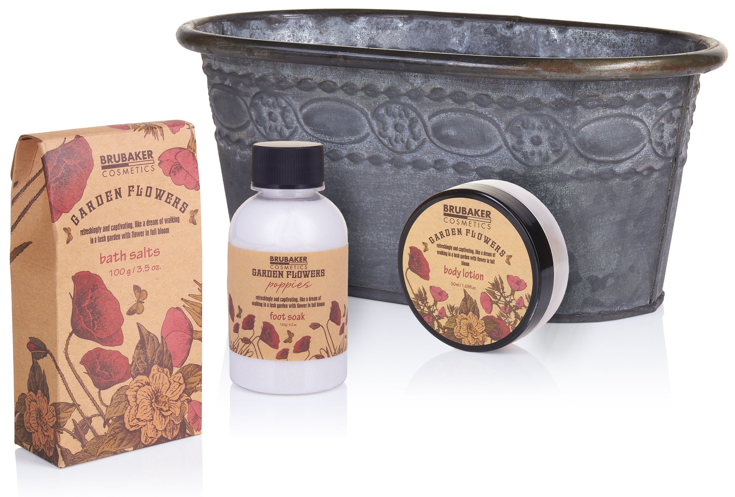 BRUBAKER Pflege-Geschenkset Dusch- und Badeset mit Mohnblumen Duft - Wellness Pflegeset für Damen, 7-tlg., Frauen Geschenkset im Vintage Pflanzkübel, Beauty