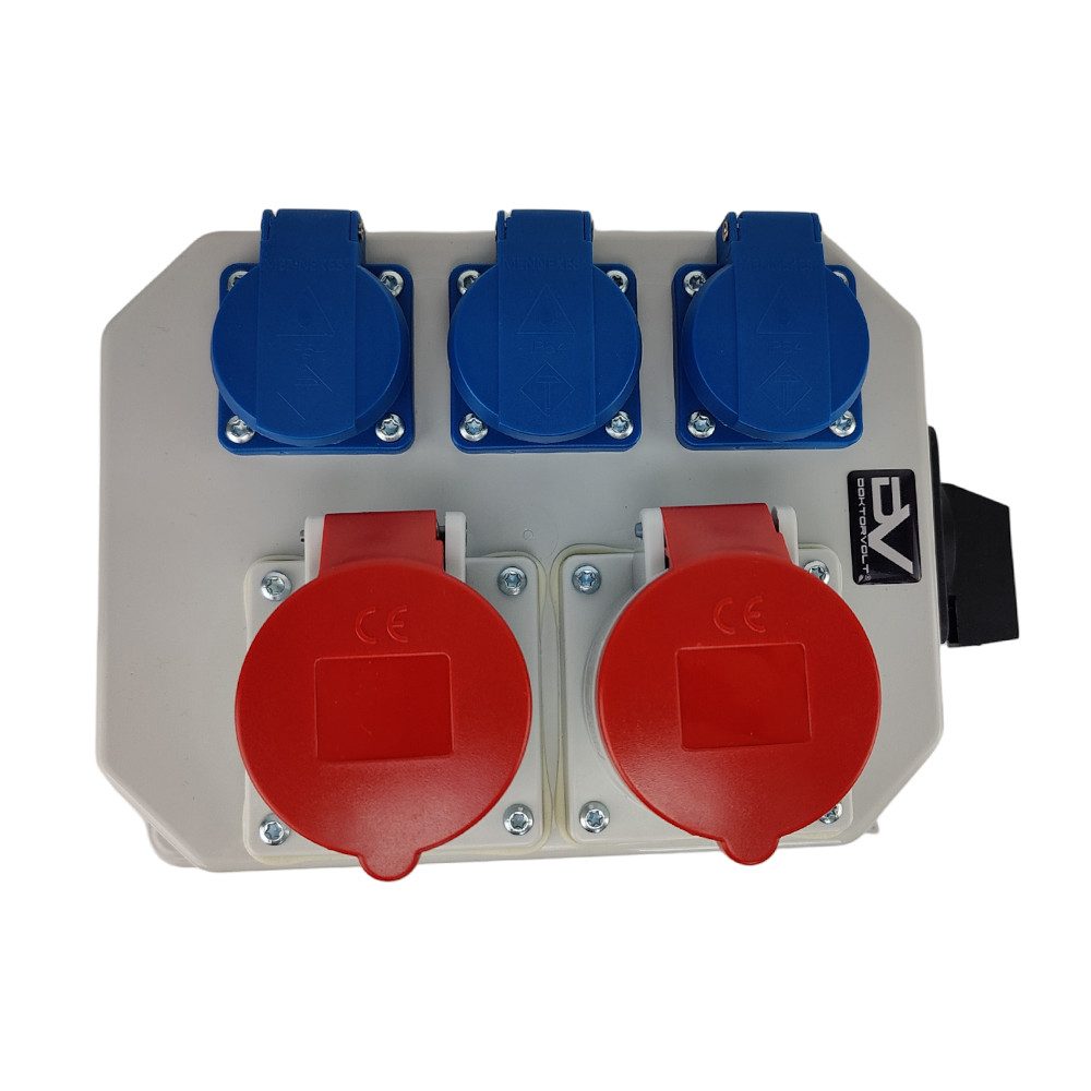 Doktorvolt Stromverteiler BAU 2x16A 3x230V mit Trennschalter 0-1 32A Steckdosenverteiler 5-fach (1 x Trennschalter ML0 32A 4P IP54), ausgestattet mit Mennekes-Steckdosen