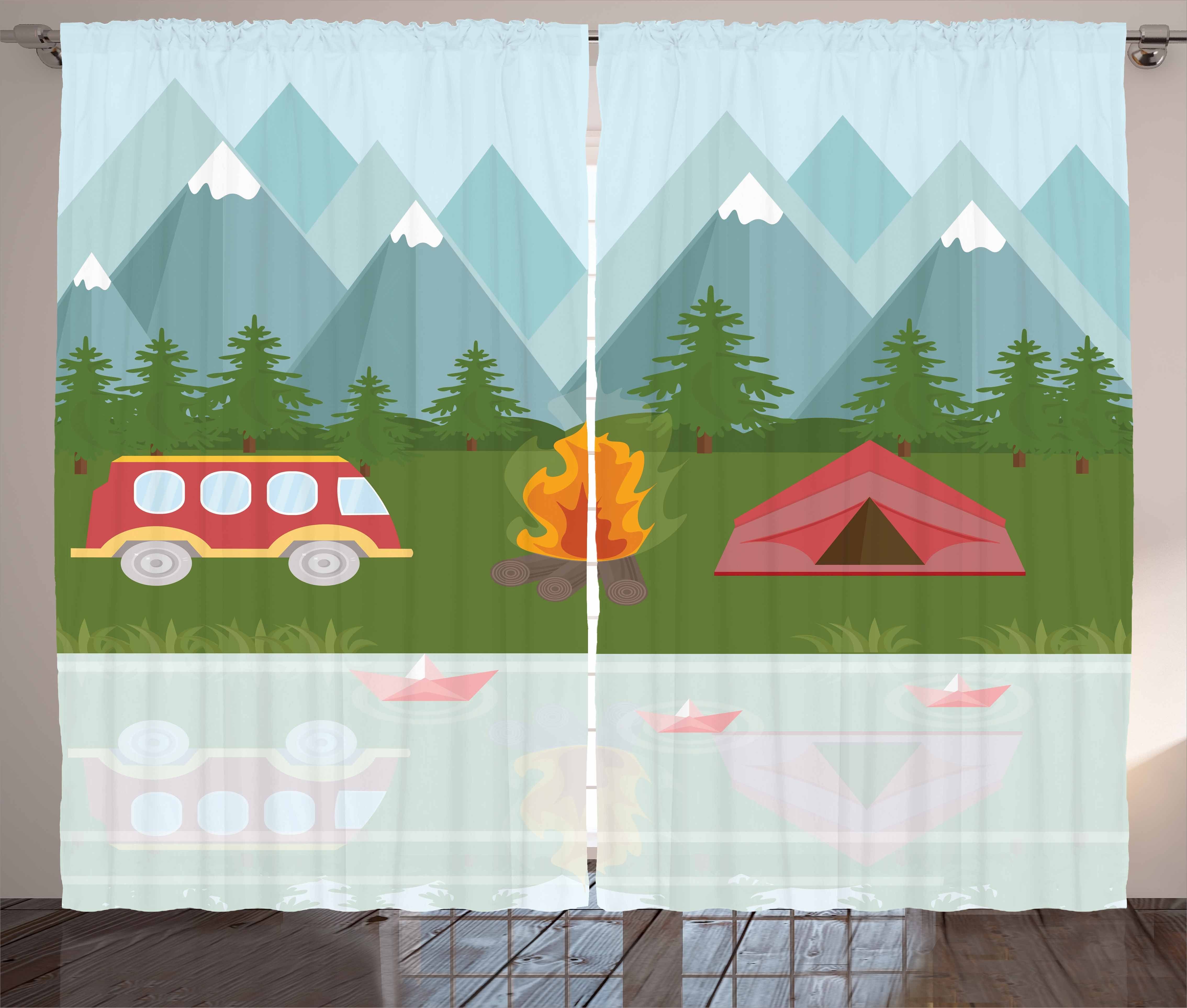 Gardine Schlafzimmer Kräuselband Vorhang mit Schlaufen und Haken, Abakuhaus, Wohnmobil Cartoon Caravan Tent | Fertiggardinen