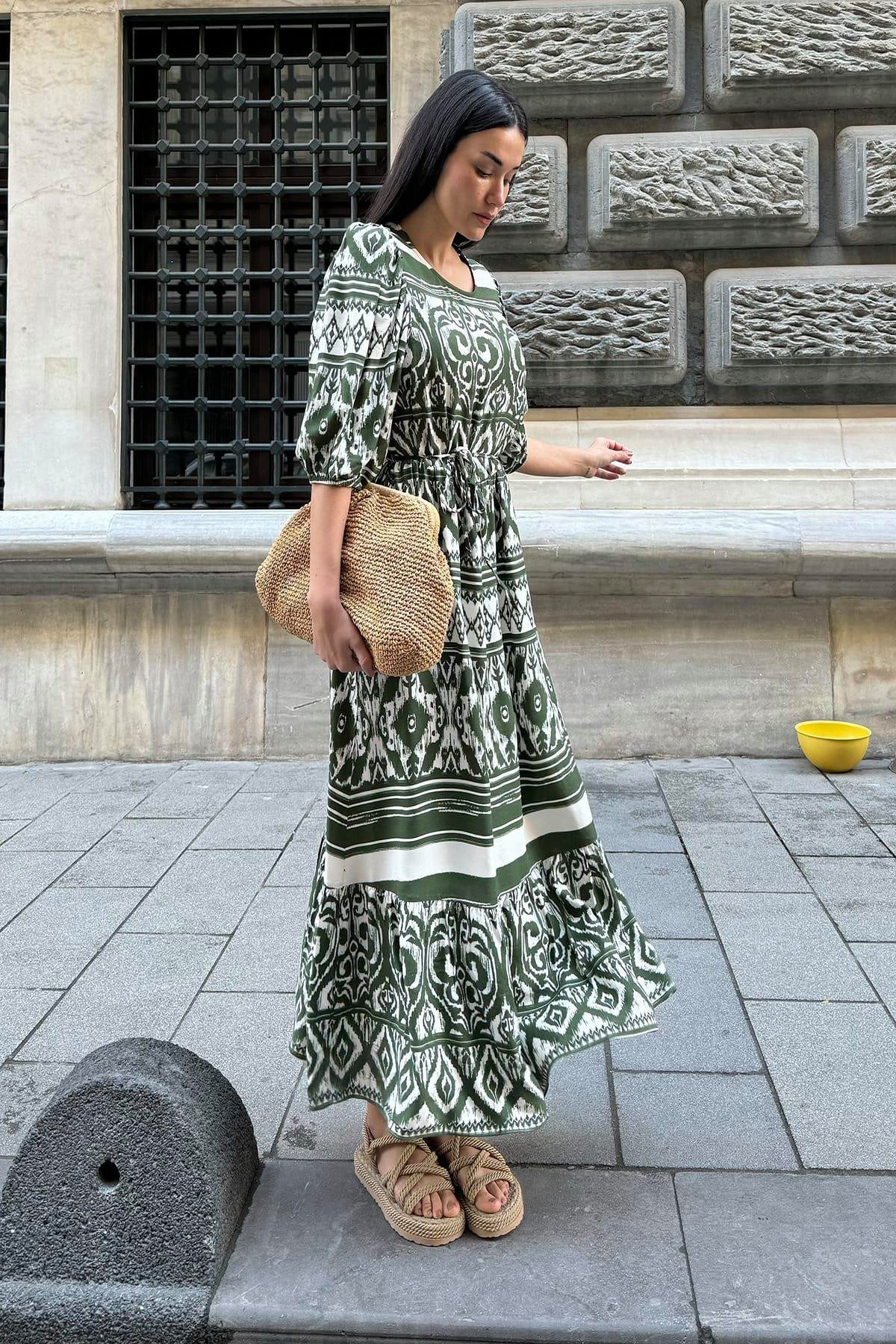 For You Moda Minikleid Natürliche Viskose Muster Lang Grün Kleid